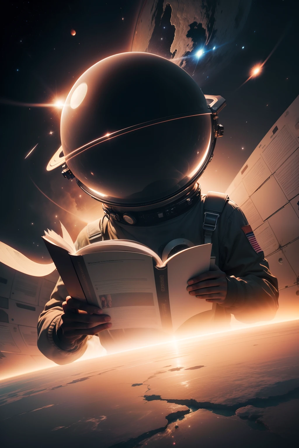 You will create the image of a loose book in outer space in a very modern style. The image will have nothing to do with human figures, de nenhuma forma. The image should be strong and attractive and at the same time symbolize how books open up various universes