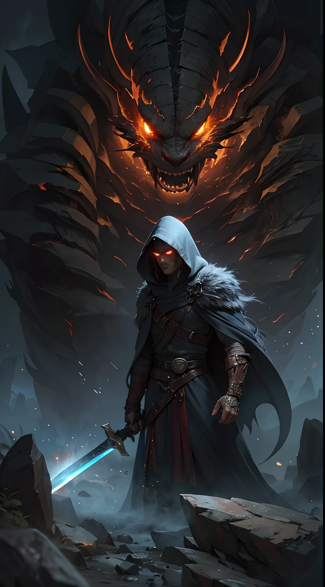 ultra detailed, beautiful and aesthetic, beautiful, masterpiece , mystery , atmospheric , fantastic , supernatural , best quality , cavern , 1 man , 1 demonic monster , very big monster , man killing monster , man has long black hooded robe , he can use magic , monster has very big horn , monster breathe make fire ,  man has big shining sword , fantasy sword , 4 little monster around the big monster , magma around battlefield , battlefield is in cavern , whole cavern on fire , man's sword is glowing , may cliff and rock in cavern , cavern on fire , (ultra detailed cavern) , (ultra detailed magma) , (ultra detailed man's face) , (ultra detailed sword) , (ultra detailed monster)