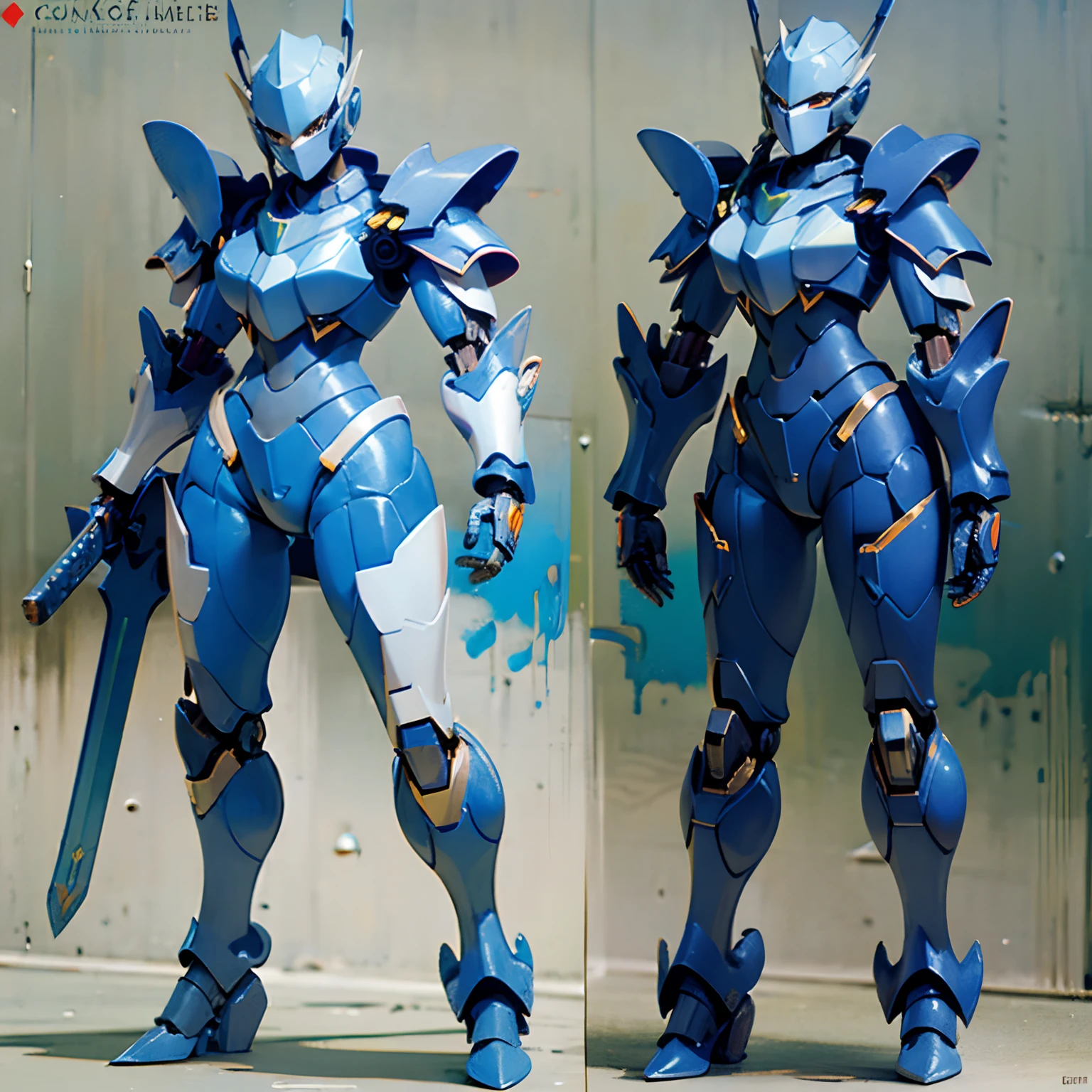 figure of witch, blue haired, big breast, suggestive pose, metallic blue power armor