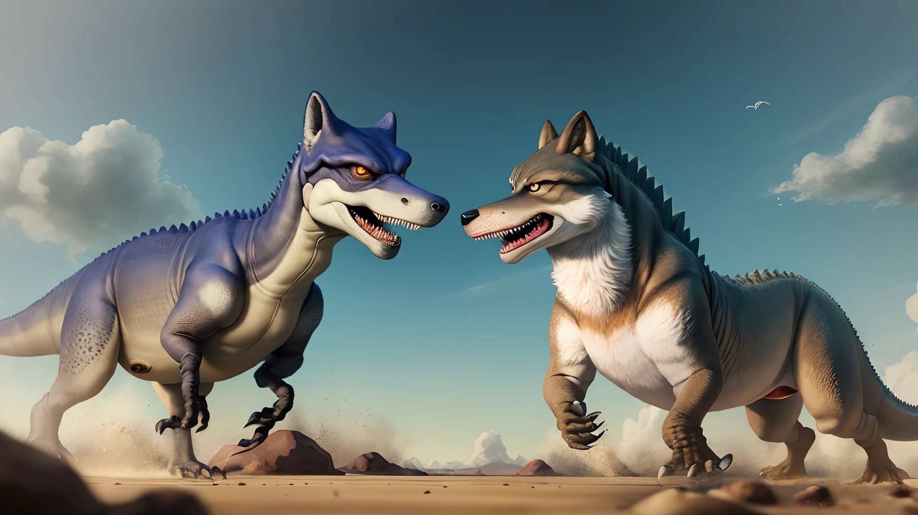 Dinosaurs fight wolves