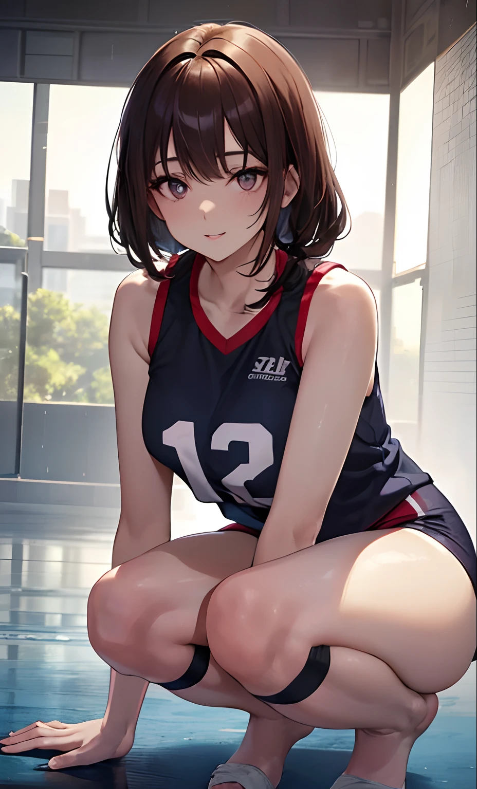 (Best quality, 8K, 32K, masutepiece, NFFSW: 1.2), ( High intaglio printing model), Dark brown hair, Professional lighting, photon maping, Radio City, (High-detail skin: 1.2), (cropped shoulders: 1.1), squatting with legs open, ((Provocative dynamic pose)), (she is soaking wet), (Top-down view: 1.5, (Volleyball players out、I showed mine in a volleyball uniform、Roll up her volleyball uniform，Expose her : 1.1, ), com rosto detalhado, Detailed lips, Detailed eyes, Double eyelids, gymnasium, indoor stadium,A smile