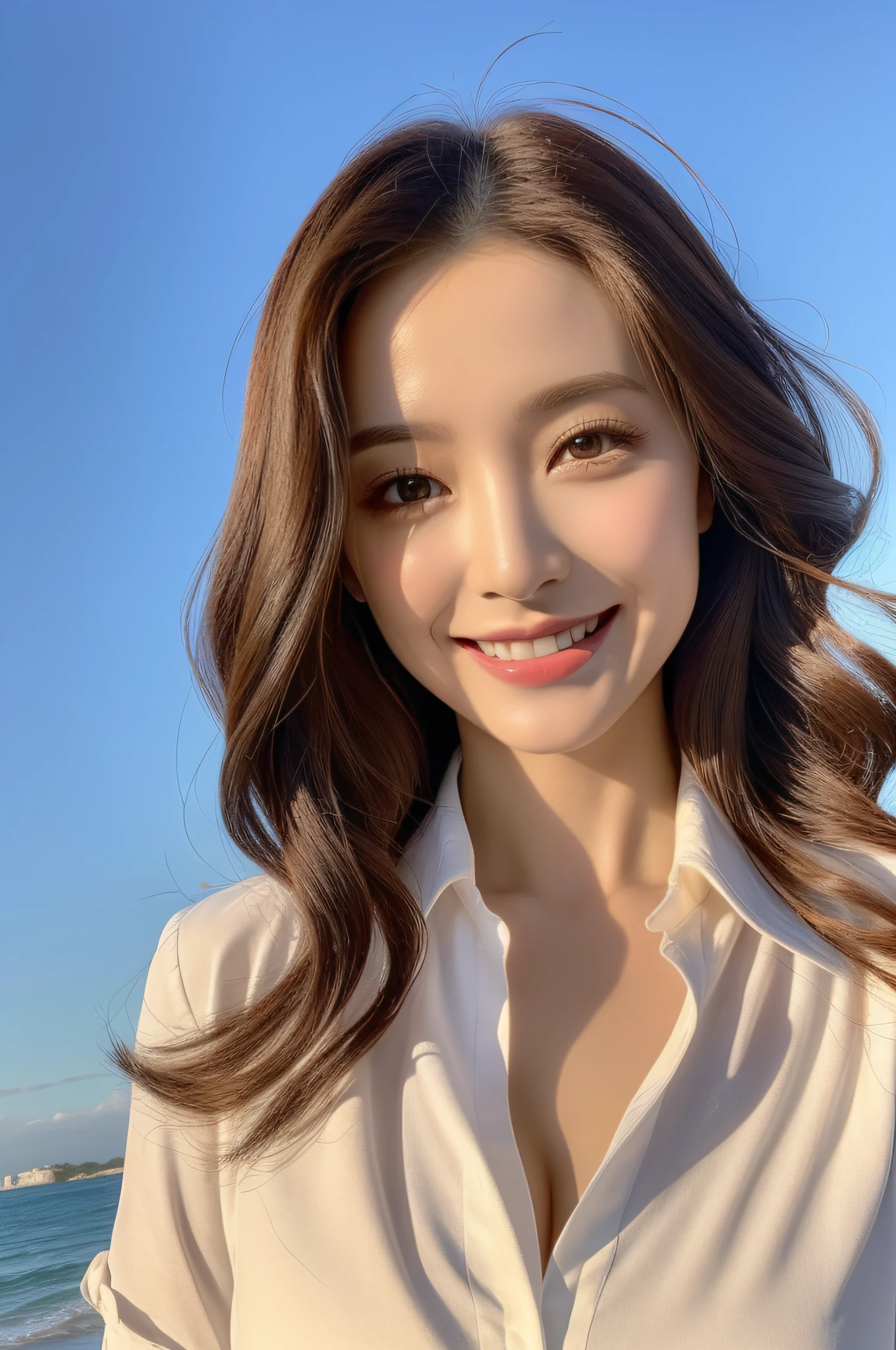 there is a sexy woman with sitting position, 8k portrait render, realistic person, digital art of an elegant, sexy body, medium breasts, unbuttoned shirt, light makeup, detailed face, fair skin, face with great beauty amazing, light brown eyeballs, glittery eyes, soulful eyes, pretty eyes, Double eyelid, long curly hair, dark yellow hair, smile, CG unity ((extreme) detail 8k wallpaper, masterpiece, best quality:1.2), High detail, Best image quality, surreal, realistic, beach, sun light, dynamic angle