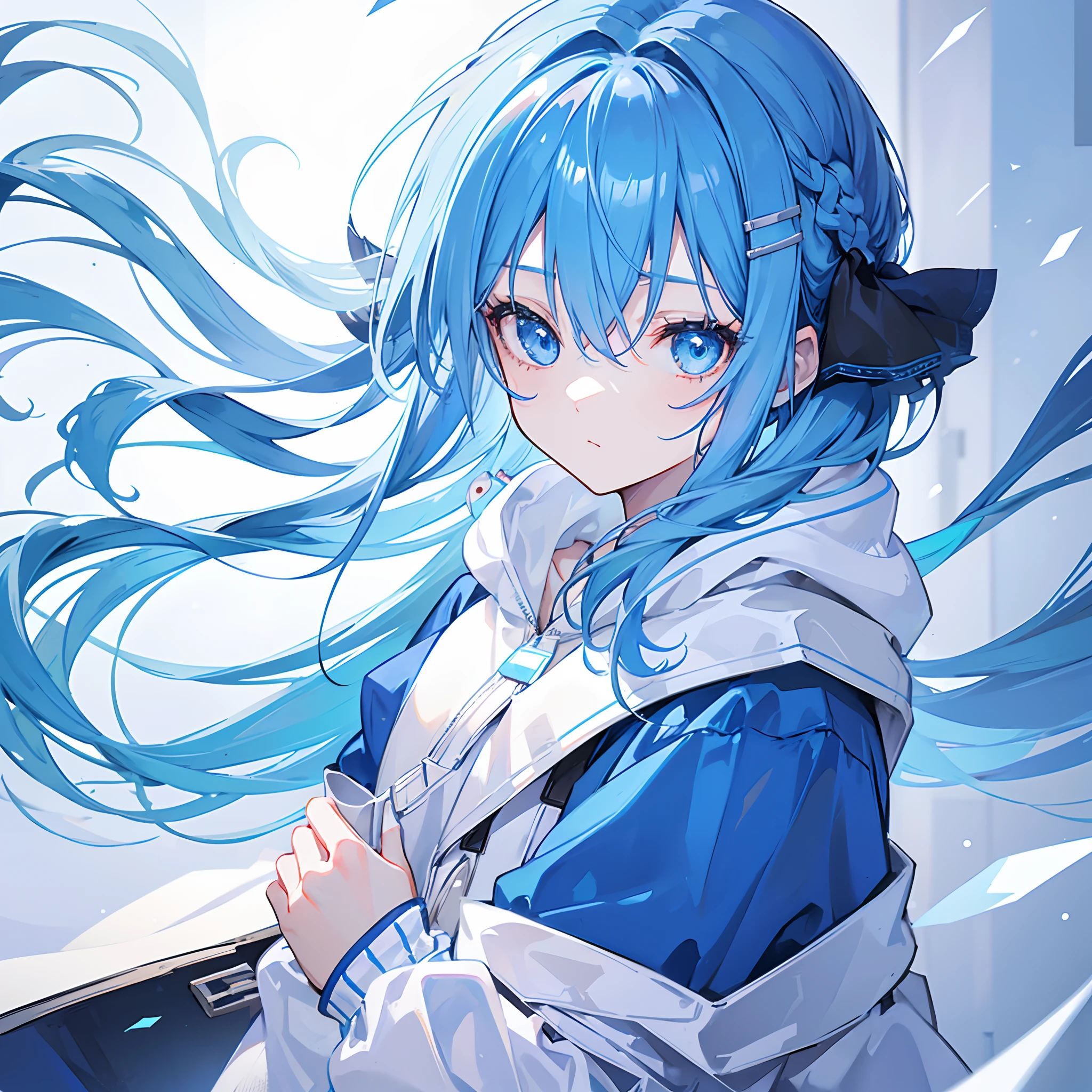 1girl, with light blue hair and blue eyes, wearing a hair ribbon and a blue and white hoodie. The scene is set in winter, with the girl looking directly at the viewer. This image can be used as a profile picture.
