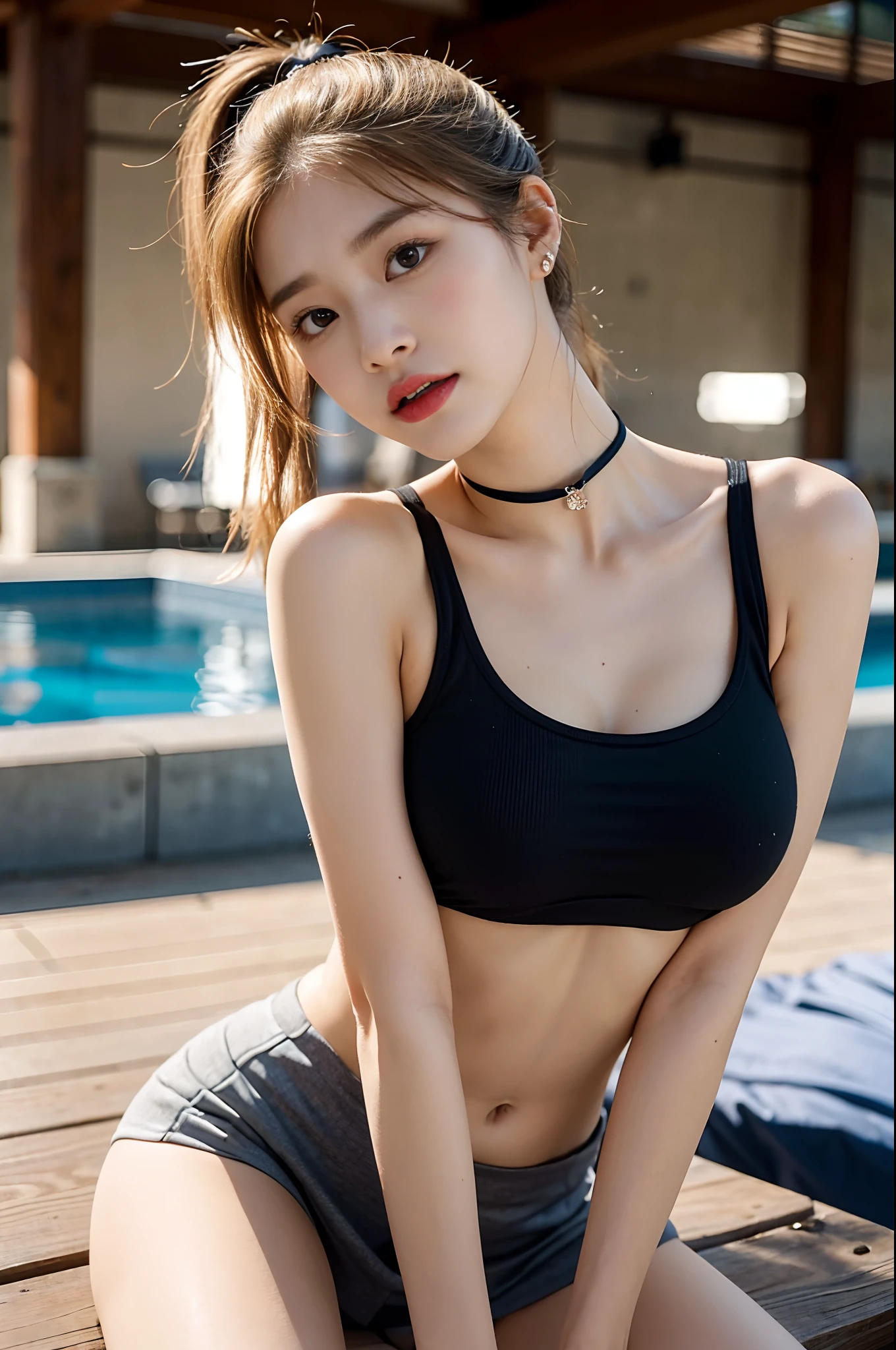 8K raw photos,A high resolution,chest circumference,Abs,the ribs,Bright blonde hair,Beautiful tight sports bra cropped style ,a skirt,night school poolside,Poolside benches at night,Cute Japanese 22 years old,with a round face,Very thin lips,very large round breasts,plump,beautiful eyes in detail,long eyelasher,beautiful double eyelid,Three white eyes,duck mouth,bluntbangs,okami, 耳Nipple Ring,choker necklace,random facial expression,Single ponytail