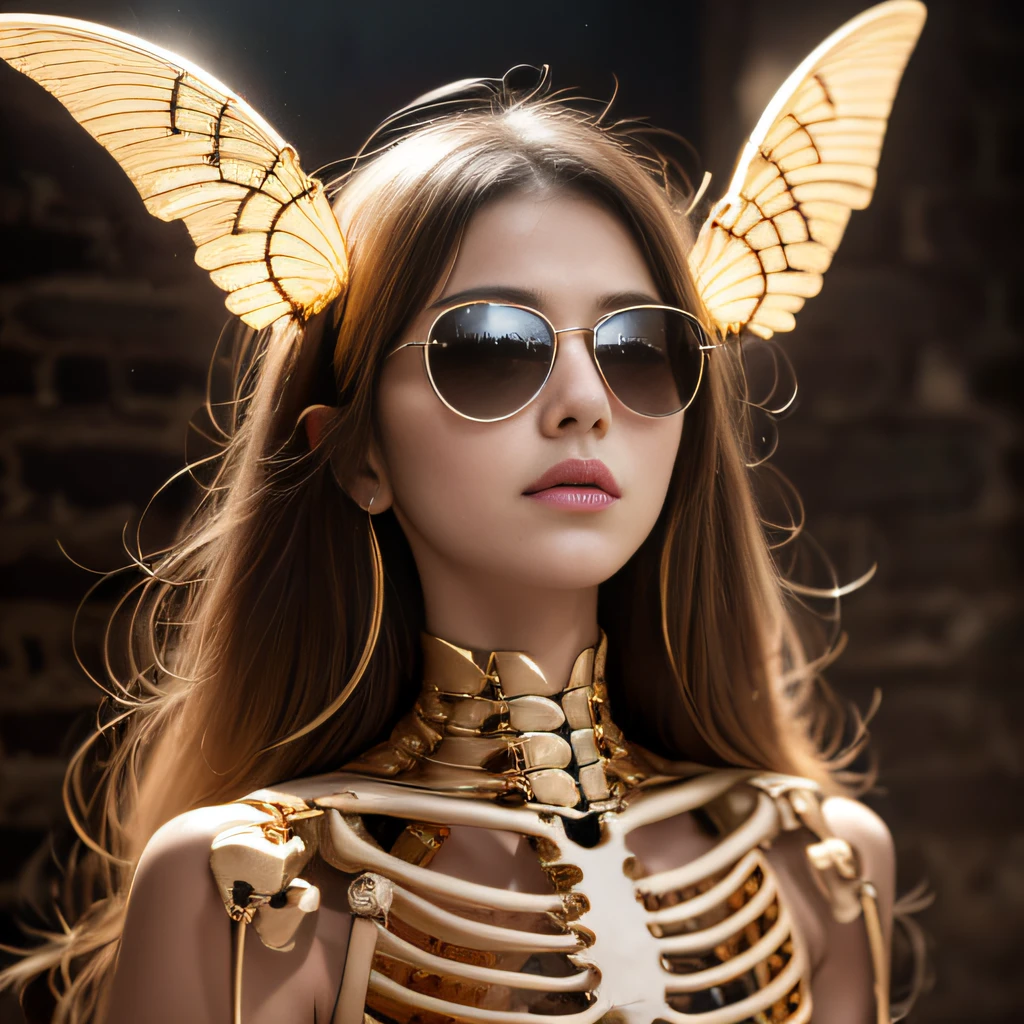 Skeleton style,Wear thick gold-framed reflective sunglasses,32K(tmasterpiece,k hd,hyper HD,32K)Light orange flowing hair,Silver skull jewelry area in the cave,Indigo Skull King ,Skeleton protector (The skeleton is realistic:1.4),Skull pattern robe,Silver skull flower ornament,Petals flutter,The background of autumn is pure,Hold your head high,Be proud,The nostrils look at people, A high resolution, the detail, RAW photogr, Sharp Re, Nikon D850 Film Stock Photo by Jefferies Lee 4 Kodak Portra 400 Camera F1.6 shots, Rich colors, ultra-realistic vivid textures, Dramatic lighting, Unreal Engine Art Station Trend, cinestir 800,Hold your head high,Be proud,The nostrils look at people,Tsundere,Petals flutter,Petals flutter,Sprinkle with gold dust,Fluttering,Impeccable,( reasonable design, Clear lines, High sharpness,Best quality, Very detailed skeleton, The skeleton of a masterpiece, offcial art, movie light effect, 4K skeleton(((Wear thick gold-framed reflective sunglasses)))