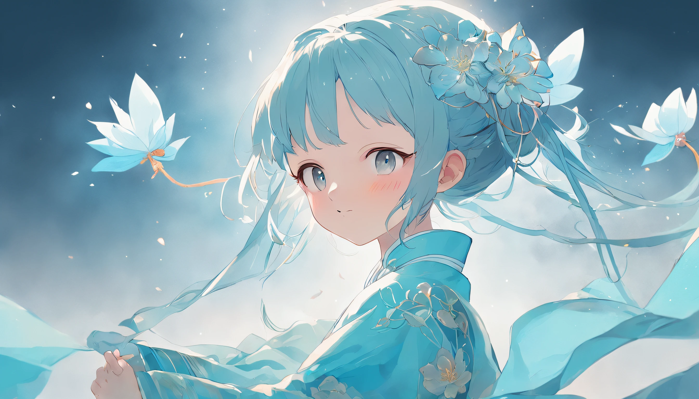 Ancient Chinese girl in light blue Hanfu smiling,Prayers are surrounded. Huge lotus flower, ,The median is transparent/Translucent pink lotus, soft, Glow,author:Yumei, Light, light blue and white, Simple white background, surrealist, , Super detail, Textured skin, 8K ,cheerfulness,Bright, Sunny, Warm and sunny,Veiled face,Many petals are falling, North and South Dynasties,Hanfu, Very simple wind, Line,Chibi anime style,Hand detail
