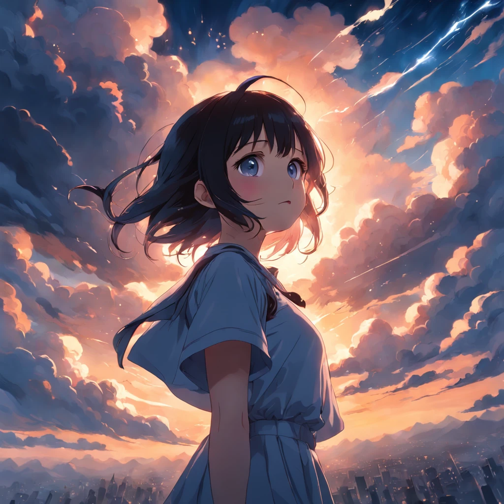 "masutepiece, top-notch quality, cinematic shot, Single Female Character, Ethereal girl surrounded by clouds, Hung in the sky, up close shot, Vibrant and fun atmosphere, Warm and soft lighting, Sunset, Subtle sparks (Weight: 0.7)."