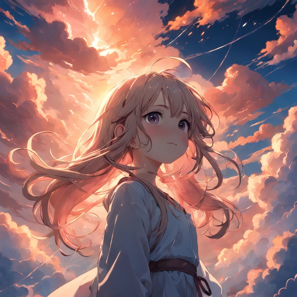 masterpiece, Highest Quality, MovieSteel, 1female, Cloud Lady, Floating in the sky, close-up, brightness, happiness, Warm and soft lighting, sunset, Sleeping, Sleep on your stomach, sleep, eyes closed, fatigue. (sparks:0.7)