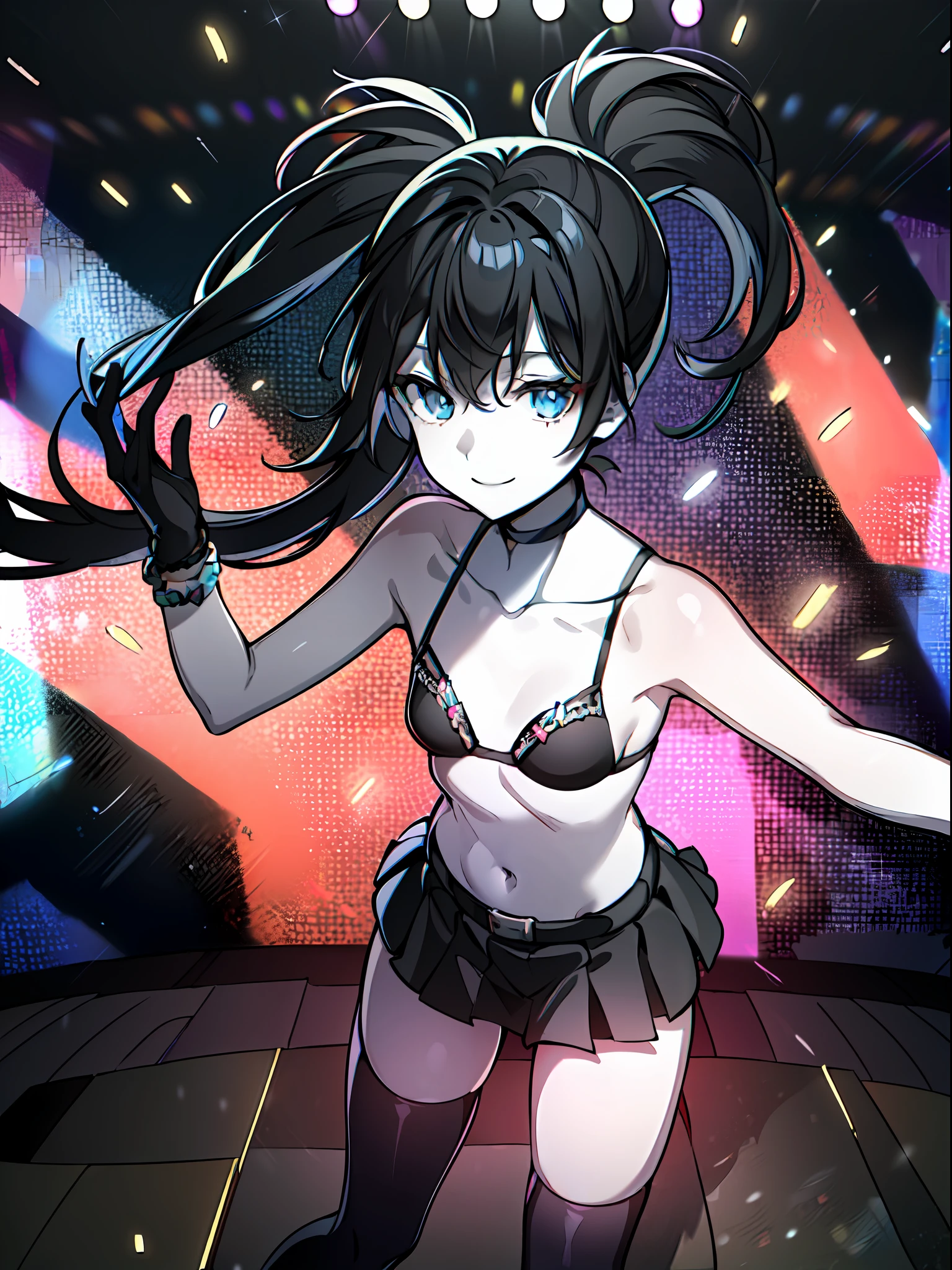 (masterpiece:1.2), (pale skin:1.2), (8k:1.2), (solo:1.2), (female:1.1), (emphasis lines:1.3), black hair, blue eyes, bra, bracelets, armbands, gloves, (collarbone:1.1), skirts, thighhighs, (indoor:1.3), choker, (punk rock:1.2), (on stage:1.1), smile, (performing:1.2)