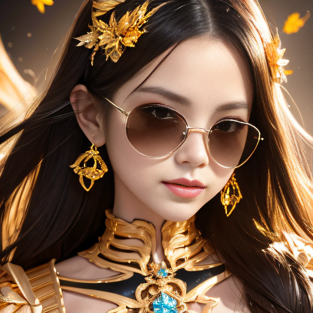 Skeleton Halloween style,Wear thick gold-framed reflective sunglasses,32K(tmasterpiece,k hd,hyper HD,32K)Light orange flowing hair,Silver skull jewelry area in the cave,Indigo Skull King ,Skeleton protector (The skeleton is realistic:1.4),Skull pattern robe,Silver skull flower ornament,Petals flutter,The background of autumn is pure,Hold your head high,Be proud,The nostrils look at people, A high resolution, the detail, RAW photogr, Sharp Re, Nikon D850 Film Stock Photo by Jefferies Lee 4 Kodak Portra 400 Camera F1.6 shots, Rich colors, ultra-realistic vivid textures, Dramatic lighting, Unreal Engine Art Station Trend, cinestir 800,Hold your head high,Be proud,The nostrils look at people,Tsundere,Petals flutter,Petals flutter,Sprinkle with gold dust,Fluttering,Impeccable,( reasonable design, Clear lines, High sharpness,Best quality, Very detailed skeleton, The skeleton of a masterpiece, offcial art, movie light effect, 4K skeleton(((Wear thick gold-framed reflective sunglasses)))