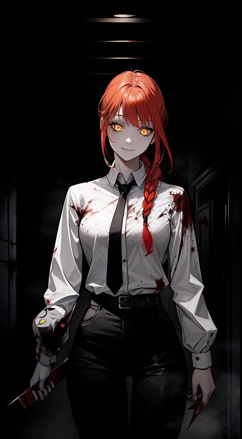 linert,monochrome, masterpiece, gorgeous, best quality, highres, 1girl, ((solo)), colorfull, red_haired, dangerous,vivid eyes,yellow eyes, alone, white shirt, mesmering eyes, bangs, hair braid, smilling, scary smile, madness, ((blood, colorful, ink)) BREAK intimate, long braid, digital art, high details, modern, intricate, perfect face, traced lights, scary, (sensual), misteryous, blood, BREAK (makima \(chainsaw man\), backlight, glowing eyes, artistic, wallpaper, black tie ,neon, fog, BREAK superior, braid, absurdes, makima \(chainsaw man\),, crazy smile,>, HyperStylizeV6, alley
