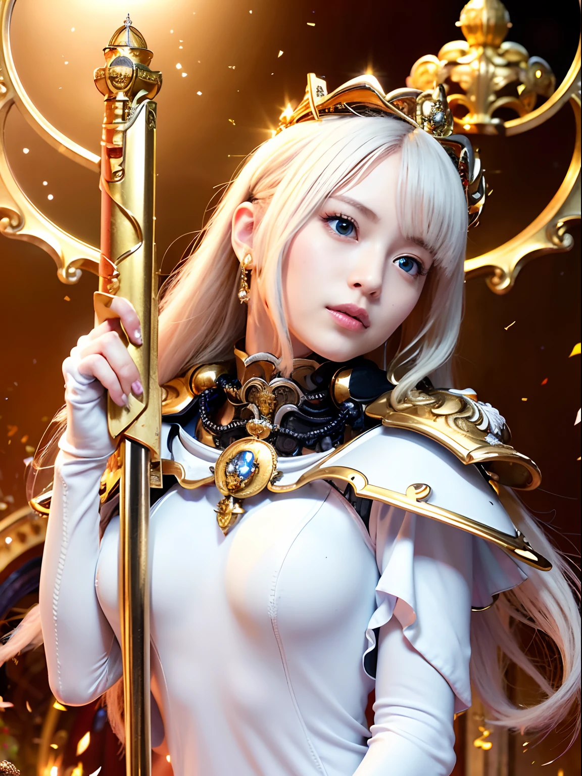 (masutepiece), Professional , ​masterpiece、top-quality、photos realistic , depth of fields （Gemstone White Metal Body:1.９),(Matte White、Jewel Gold Weapon（Jewel Metal Body:1.４),Gorgeous metal weapons ,（（ Detailed and gorgeous sword of the brave）） , Beautiful knife   ,warhammer 40k , adepta sororitas,Detail and ornate jewel crown、（（Golden hair））、（（Gangle's forest background））、Beautiful Caucasian beauty、１a person、dynamic ungle,(((Detailed and ornate diamond crown)))、Smaller head、A smile、Background inside the castle、Thin and beautiful female hands、cleavage of the breast、Soldier in iron armor on background、Mystical expression、Light Effects、intense fighting、Wind-effect、magic circles、With the legendary magic wand、（wings of light）、