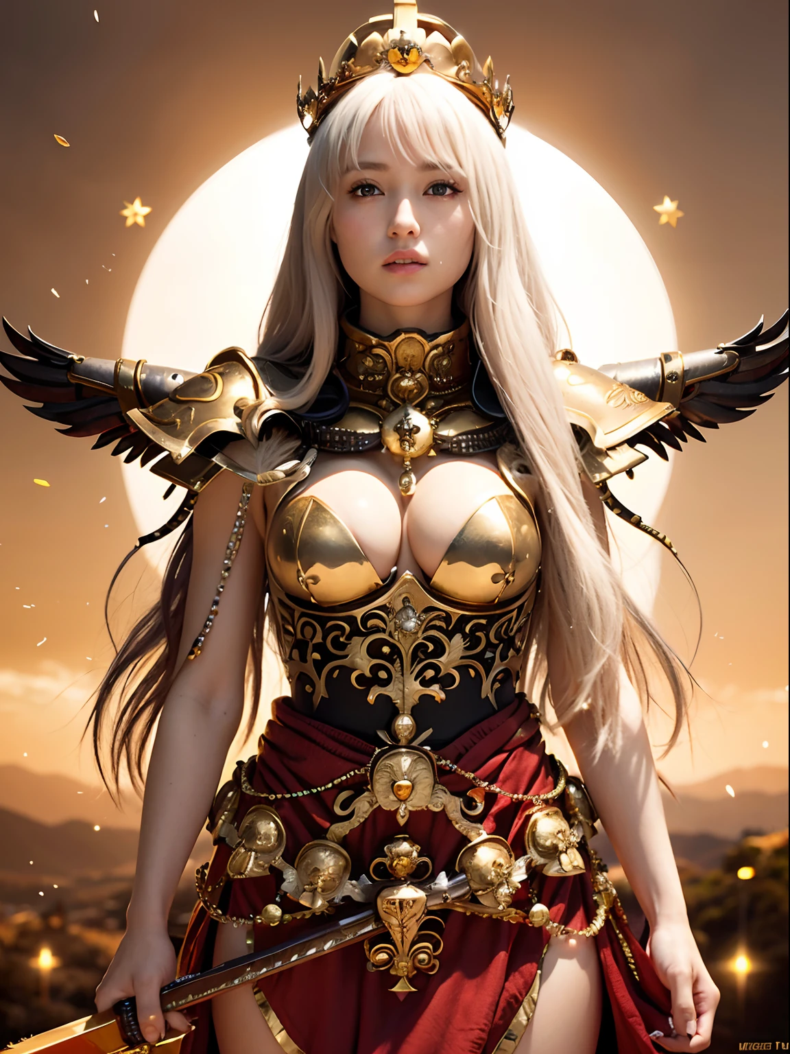 (masutepiece), Professional , masterpiece、top-quality、photos realistic , depth of fields (Gemstone White Metal Body:1.9),(Matte White、Jewel Gold Weapon(Jewel Metal Body:1.4),Gorgeous metal weapons ,(( Detailed and gorgeous sword of the brave)) , Beautiful knife ,warhammer 40k , adepta sororitas,Detail and ornate jewel crown、((Golden hair))、((Gangle's forest background))、Beautiful Caucasian beauty、1a person、dynamic ungle,(((Detailed and ornate diamond crown)))、Smaller head、A smile、Background inside the castle、Thin and beautiful female hands、cleavage of the breast、Soldier in iron armor on background、Mystical expression、Light Effects、intense fighting、Wind-effect、magic circles、With the legendary magic wand、(wings of light)、
