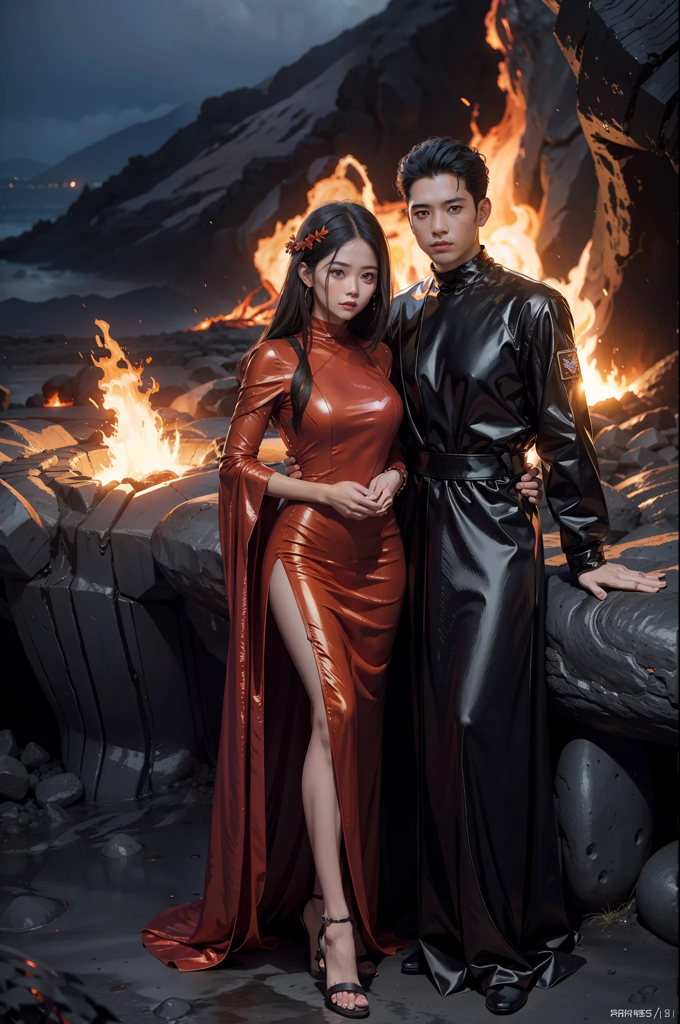 volcanoes，molten lava，A couple，Women wear fused lava long dresses，Men wear lava suits，Realiy，8K，film effect，vogue photography，Works of masters，tmasterpiece：1.4，Super resolution，