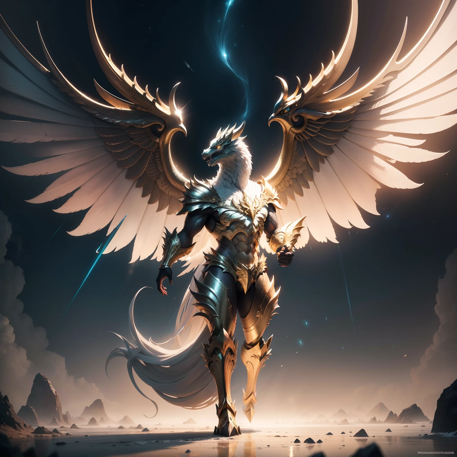 Dragao alado , branco rico em detales de ouro , brilhante ,gleaming standing with wings spread , imagem ultra realista 8k, bastante detalhada