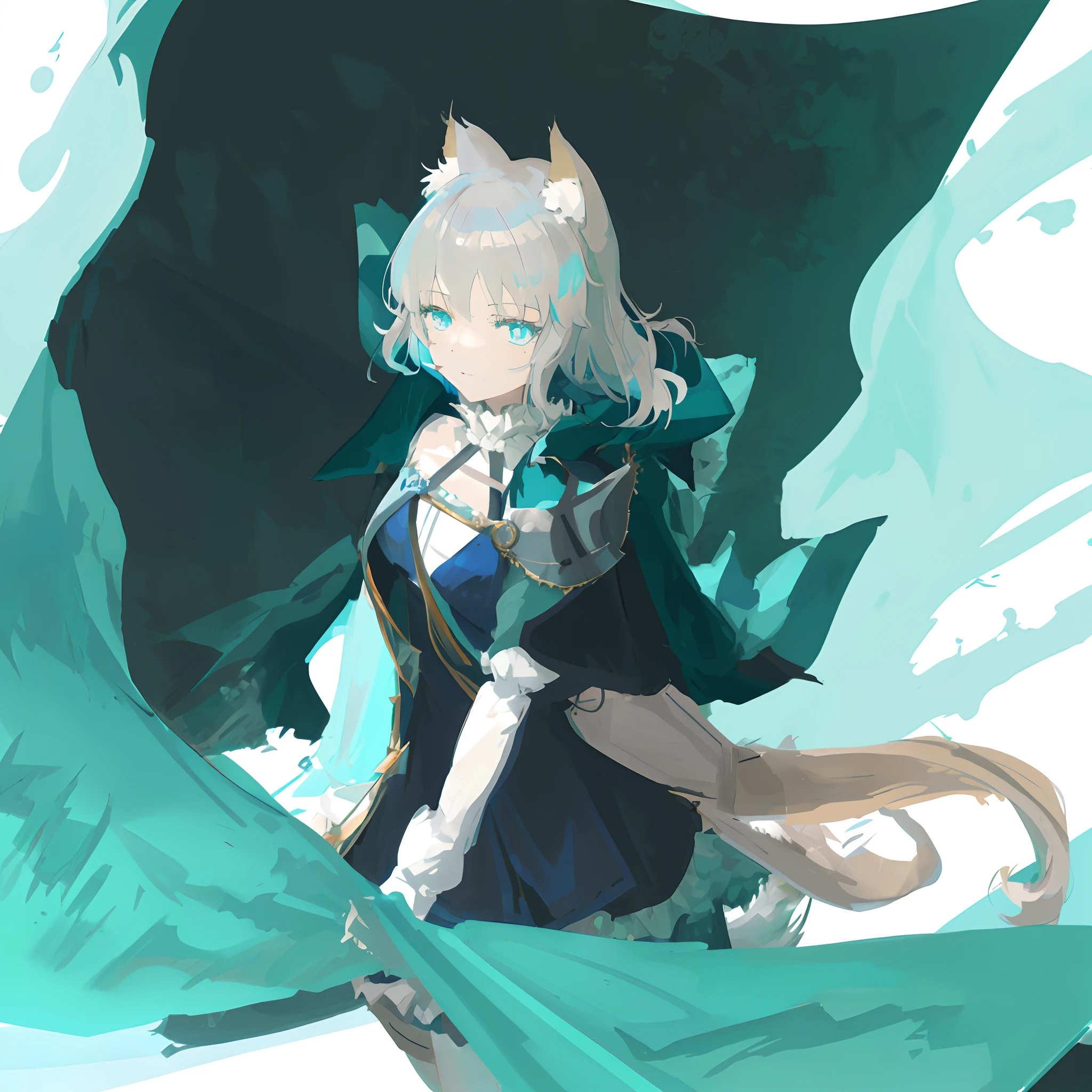 Anime girl with sword and cape in blue dress, zerochan art, Digital art on Pisif , zerochan, Pisif, Pisif style, Game art!!, Pisif Contest Champion, beautiful anime catgirl, From Arknights, white cyan, with cape, High-quality fanart, Holo is a wolf girl, at pixiv