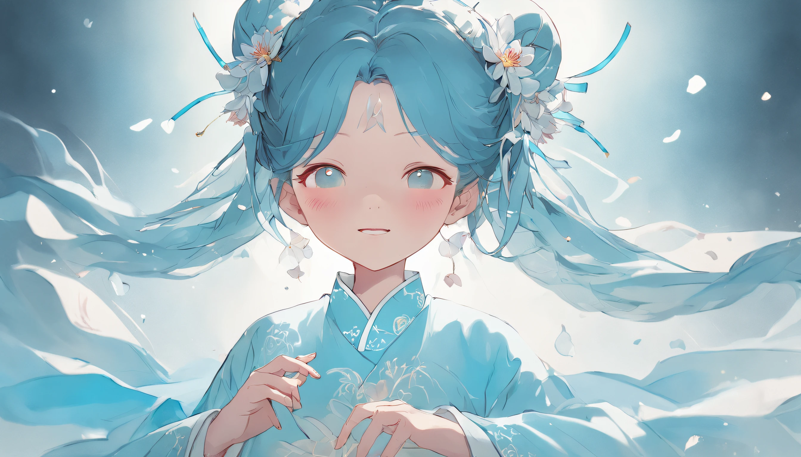 Ancient Chinese girl in light blue Hanfu smiling,Prayers are surrounded. Huge lotus flower, ,The median is transparent/Translucent pink lotus, soft, Glow,author:Yumei, Light, light blue and white, Simple white background, surrealist, , Super detail, Textured skin, 8K ,cheerfulness,Bright, Sunny, Warm and sunny,Veiled face,Many petals are falling, North and South Dynasties,Hanfu, Very simple wind, Line,Chibi anime style,Hand detail