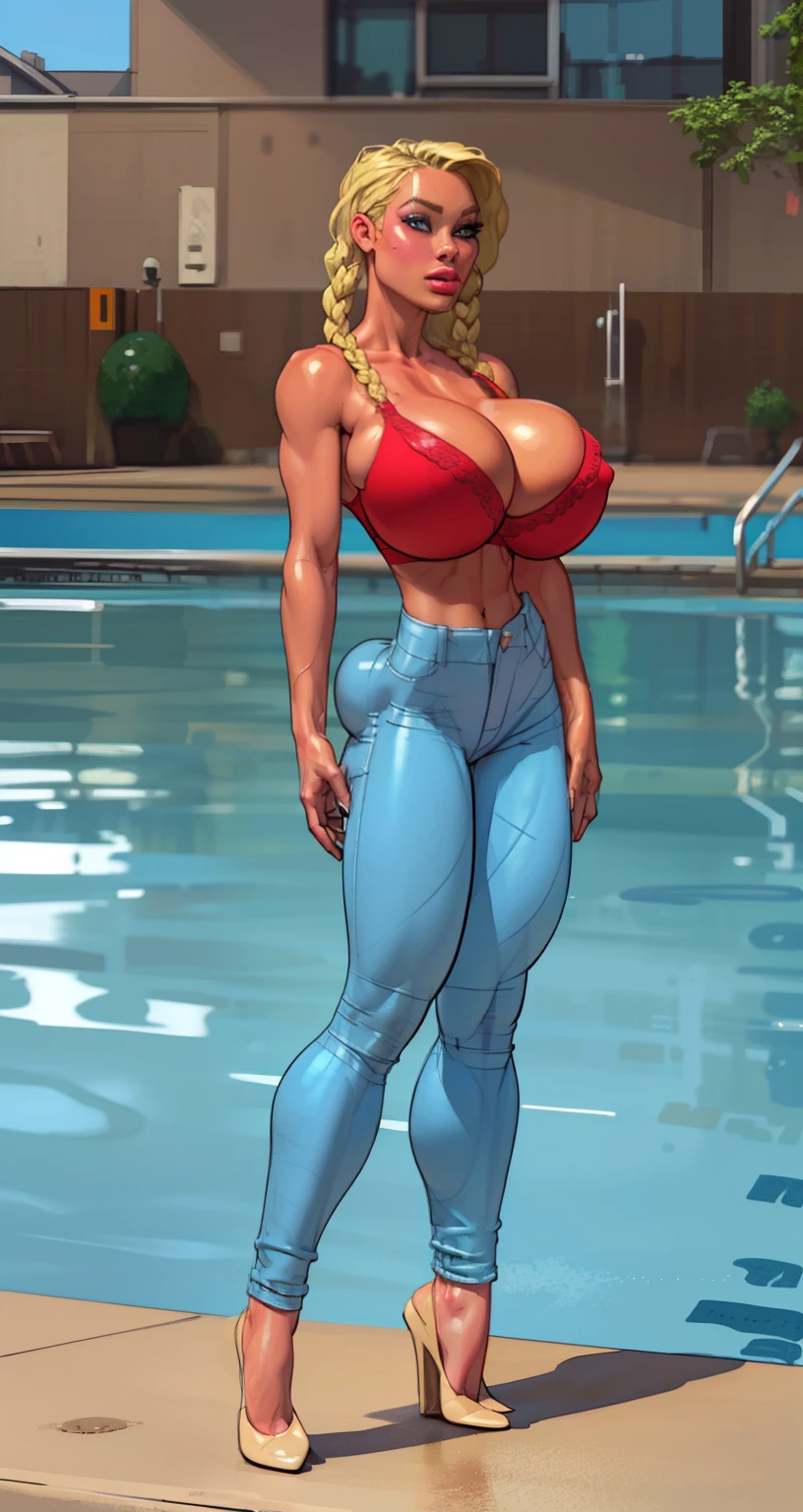 sexy ((twin braids:1.3)) wearing (tight jeans:1.5)(perfect face), detailed face, (symmetrical eyes), perfect nose, (wears red bra:1.2), (gigantic breasts:1.5) (blonde hair combed to side:1.6)analog style posing against a pool filled with guests, cinematic movie still frame,