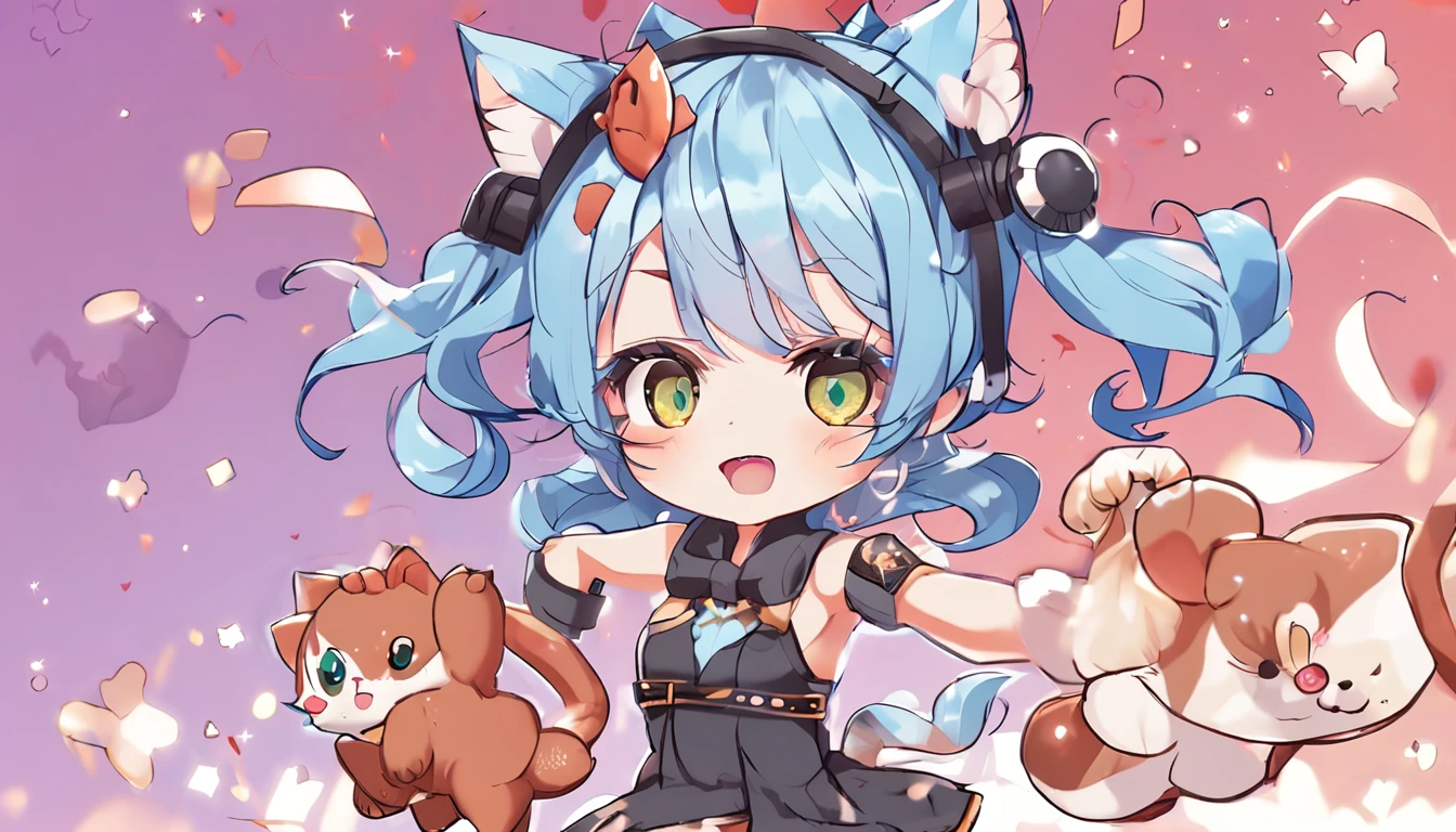 Cat ears, Blue hair, Chibi Face, Chibi Body,idol,stage,
