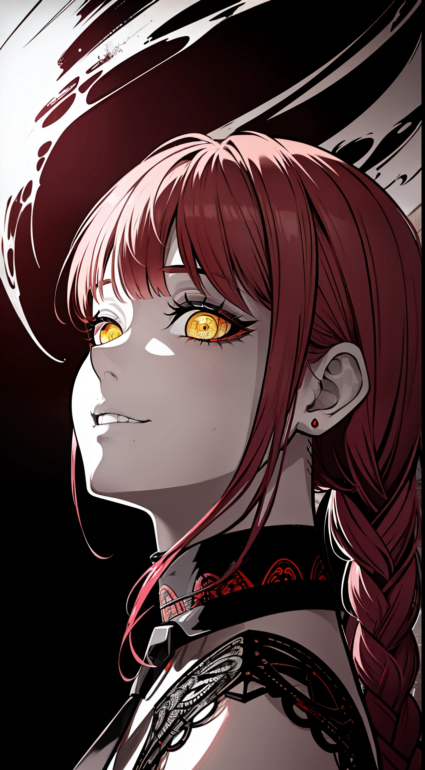 linert,monochrome, masterpiece, gorgeous, best quality, highres, 1girl, ((solo)), colorfull, red_haired, dangerous,vivid eyes,yellow eyes, alone, white shirt, mesmering eyes, bangs, hair braid, smilling, scary smile, madness, ((blood, colorful, ink)) BREAK intimate, long braid, digital art, high details, modern, intricate, perfect face, traced lights, scary, (sensual), misteryous, blood, BREAK (makima \(chainsaw man\), backlight, glowing eyes, artistic, wallpaper, black tie ,neon, fog, BREAK superior, braid, absurdes, makima \(chainsaw man\),, crazy smile,>, HyperStylizeV6, alley