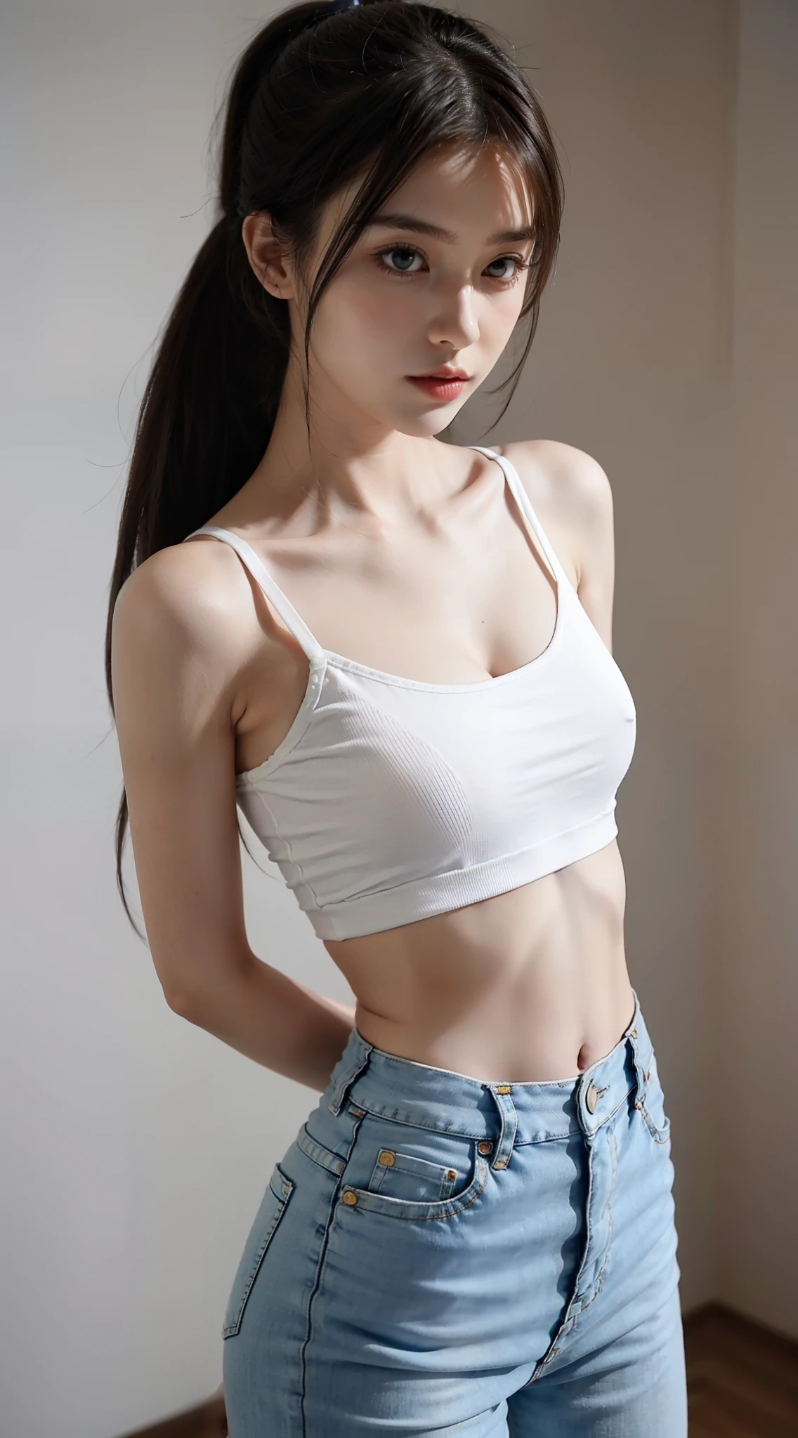 ((Realistic lighting, Best quality, 8K, Masterpiece: 1.3)), Clear focus: 1.2, 1girl, Perfect Figure: 1.4, Slim Abs: 1.1, ((Dark brown hair)), (White crop top: 1.4), (Outdoor, Night: 1.1), City streets, Super fine face, Fine eyes, Double eyelids,