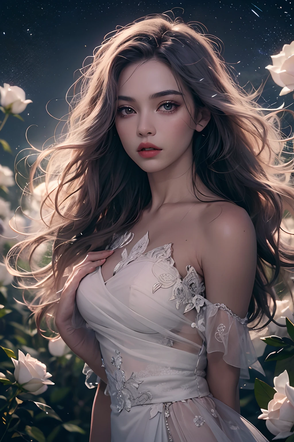 action film,8k, melhor qualidade, pose elegante,Senhora das Sombras, Beautiful woman, grandes olhos negros, olhar triste, scarlet lips, pale skin, long black hair fluttering in the wind, vestido escuro com renda barroca, elegant white gloves on your hands, joias elegantes em roupas e cabelos, Standing in the field of roses, Noite, night sky, lua brilhante enorme, luar frio, attention to detail, alta qualidade, master part --auto