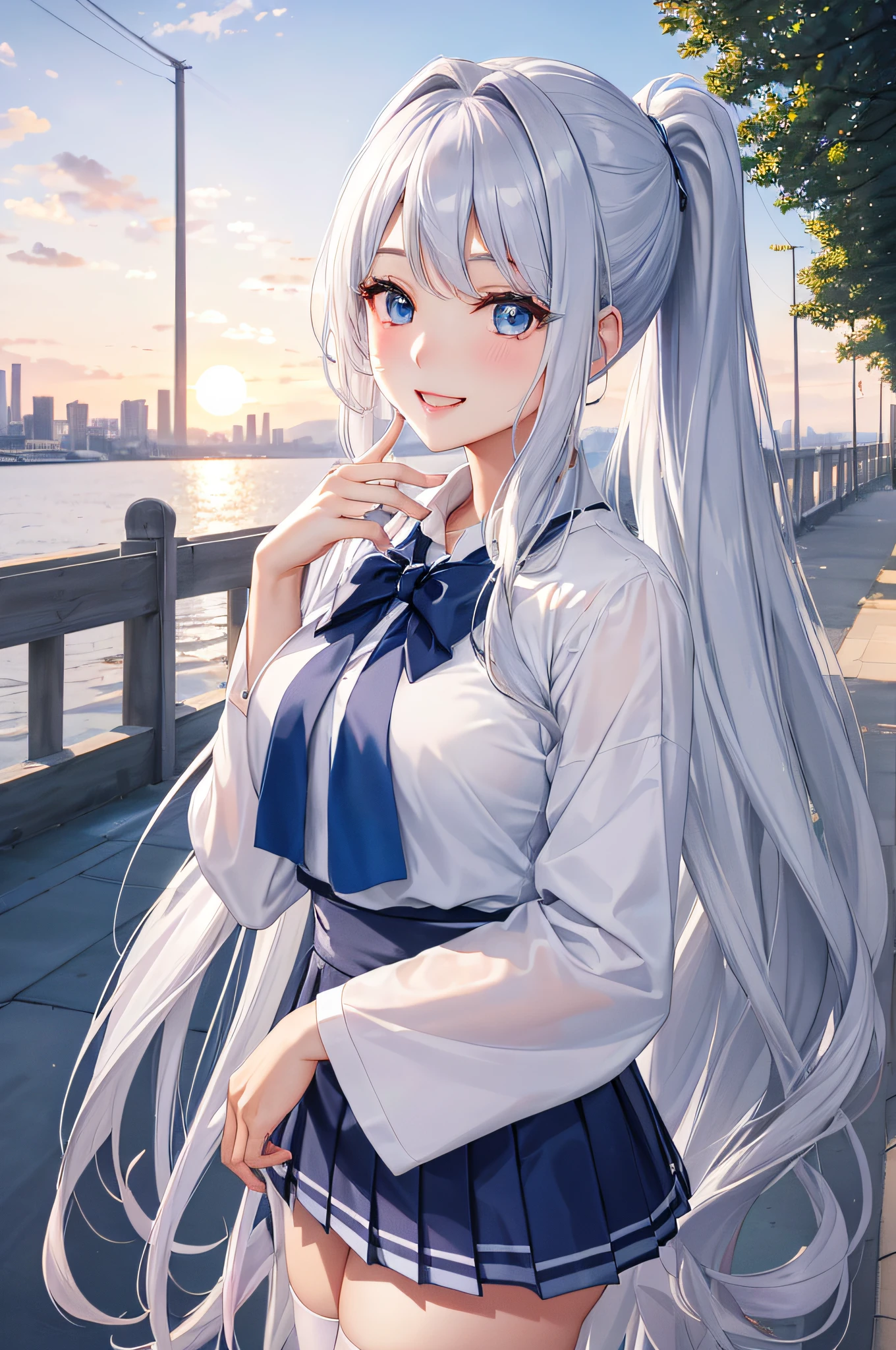 Official art, masterpiece, 4K、8K、foco nítido, (Beautiful gorgeous cute korean woman:1.3), (Beautiful cute korean woman:1.3), Korean beauty, Delicate Beautiful Hair and Eyes and Face, realisitic, ultra-detailliert, a beauty girl, blue-sky,Particles that glow white、(side lights:1.2)、suns、white clouds、Fine clouds、A slender、Beautiful breasts and big buttocks、Show your teeth and smile、((Smile with your eyes、open both eyes))、landscapes、long ponytail hair、Sexy look、buliding、(A city scape:1.7)、Dynamic Hair、poneyTail、Fine Platinum Silver Hair、Sparkling blue eyes、(Blue pleated shirt+Navy blue checked skirt)、White long socks、de pele branca、hair adornments、School route