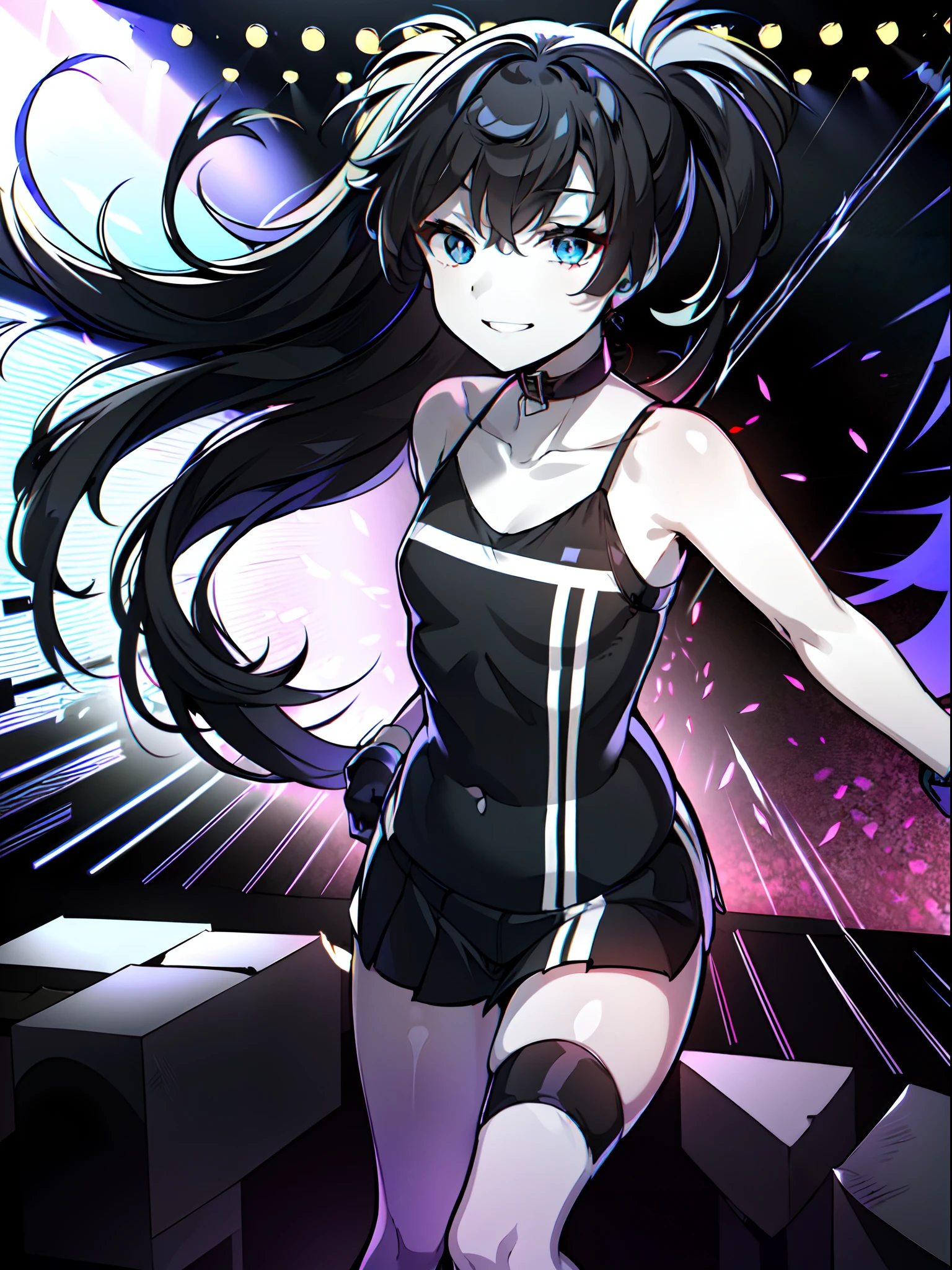 (masterpiece:1.2), (pale skin:1.2), (8k:1.2), (solo:1.2), (female:1.1), (emphasis lines:1.3), black hair, blue eyes, bare shoulders, bracelets, armbands, gloves, (collarbone:1.1), skirts, thighhighs, (indoor:1.3), choker, (punk rock:1.2), (on stage:1.1), smile, (performing:1.2)