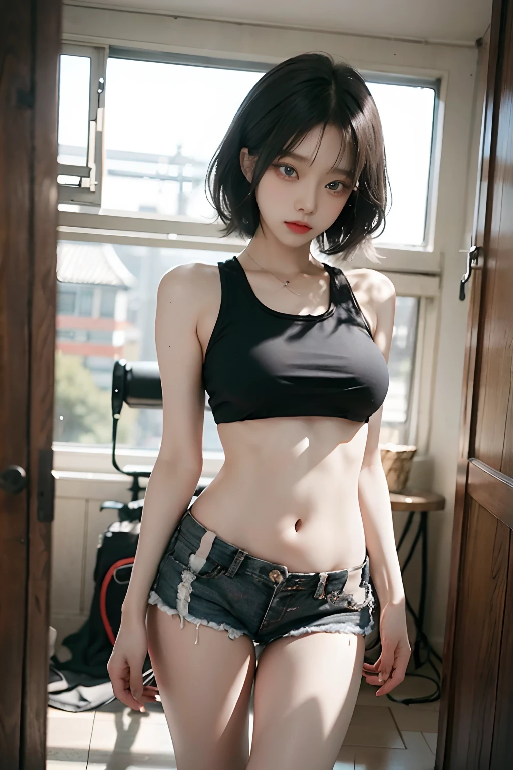 Top image quality、Raw photography、超A high resolution、Cute girl at 18 years old、Shooting for one person only、round breast、Black tank top、short trousers of black color、Beautiful Eyes of Details、very elongated eyes、Beautiful eyelashes、Beautiful double eyelids、white walls、Beautiful waist、very slender legs、a short bob、very slender physique