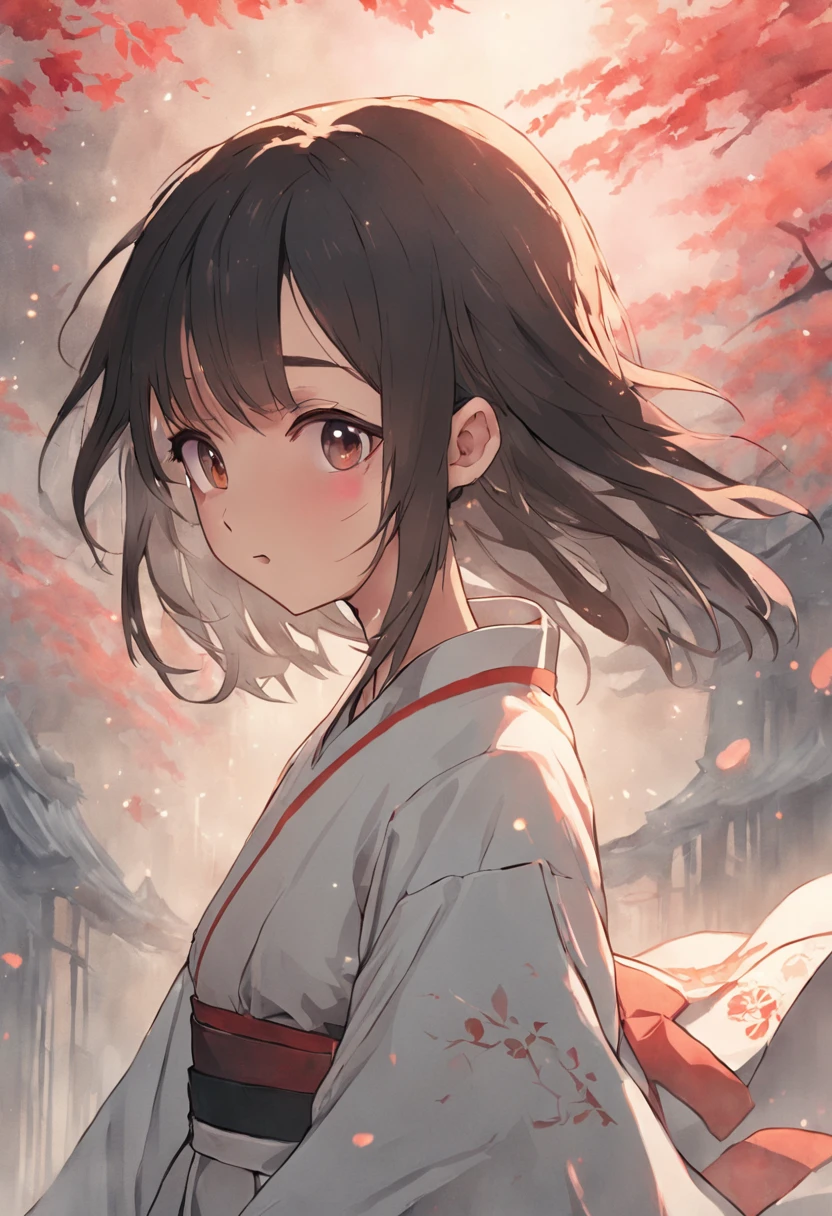 A girl of about fourteen years old,brunette color hair,The upper part of the body,eye closeds,short detailed hair,Wear a short white Hanfu skirt,The ends of the hair flutter in the wind,His right hand was invisible behind his back,Sandwiched between the index finger and ring finger of the left hand is a piece of rune paper,The above is the gossip spiritual talisman,A quiet girl,There is only one character。