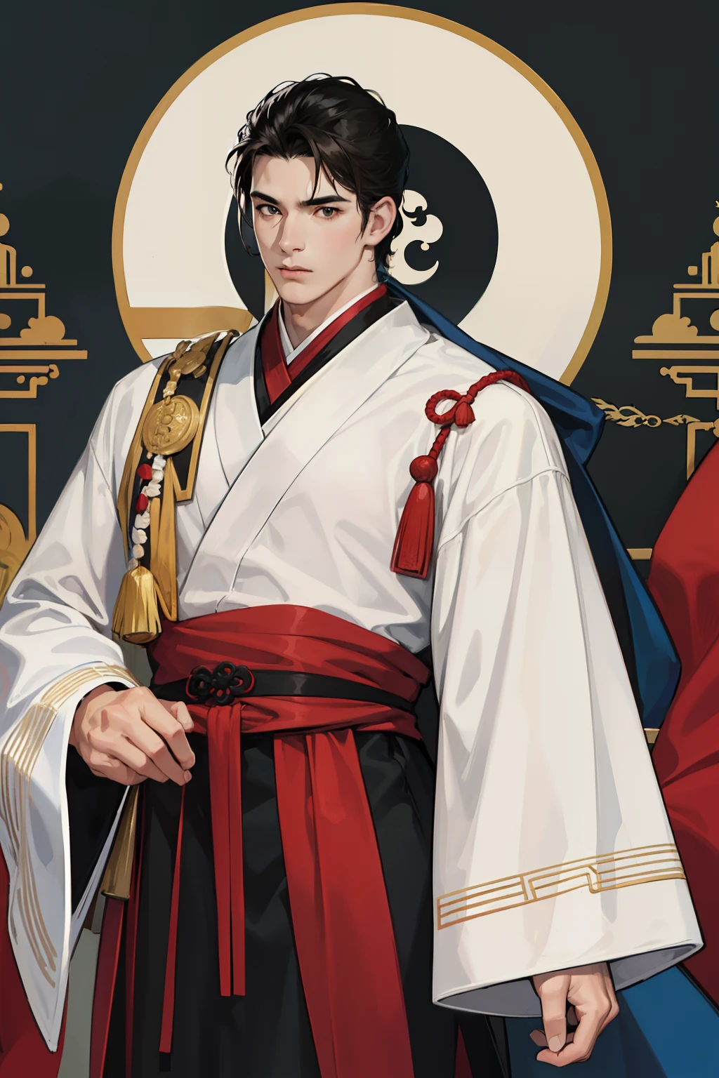 NSFW, obra-prima, melhor qualidade, ultra-detalhado, semi-realista, detailedfacialfeatures, 2 homem maduro, nome Fa Huang,vestindo roupas antigas wuxia hanfu, cabelos vermelhos,longos,olhos negros, macho,cor da roupa vermelha ,manly,homem sedutor,bonita,Arrogantly,Imposing standing holding powerful sharp sword