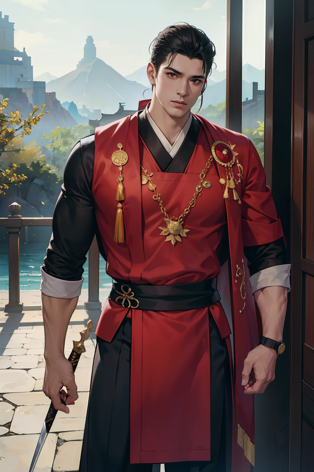 NSFW, obra-prima, melhor qualidade, ultra-detalhado, semi-realista, detailedfacialfeatures, 2 homem maduro, nome Fa Huang,vestindo roupas antigas wuxia hanfu, cabelos vermelhos,longos,olhos negros, macho,cor da roupa vermelha ,manly,homem sedutor,bonita,Arrogantly,Imposing standing holding powerful sharp sword