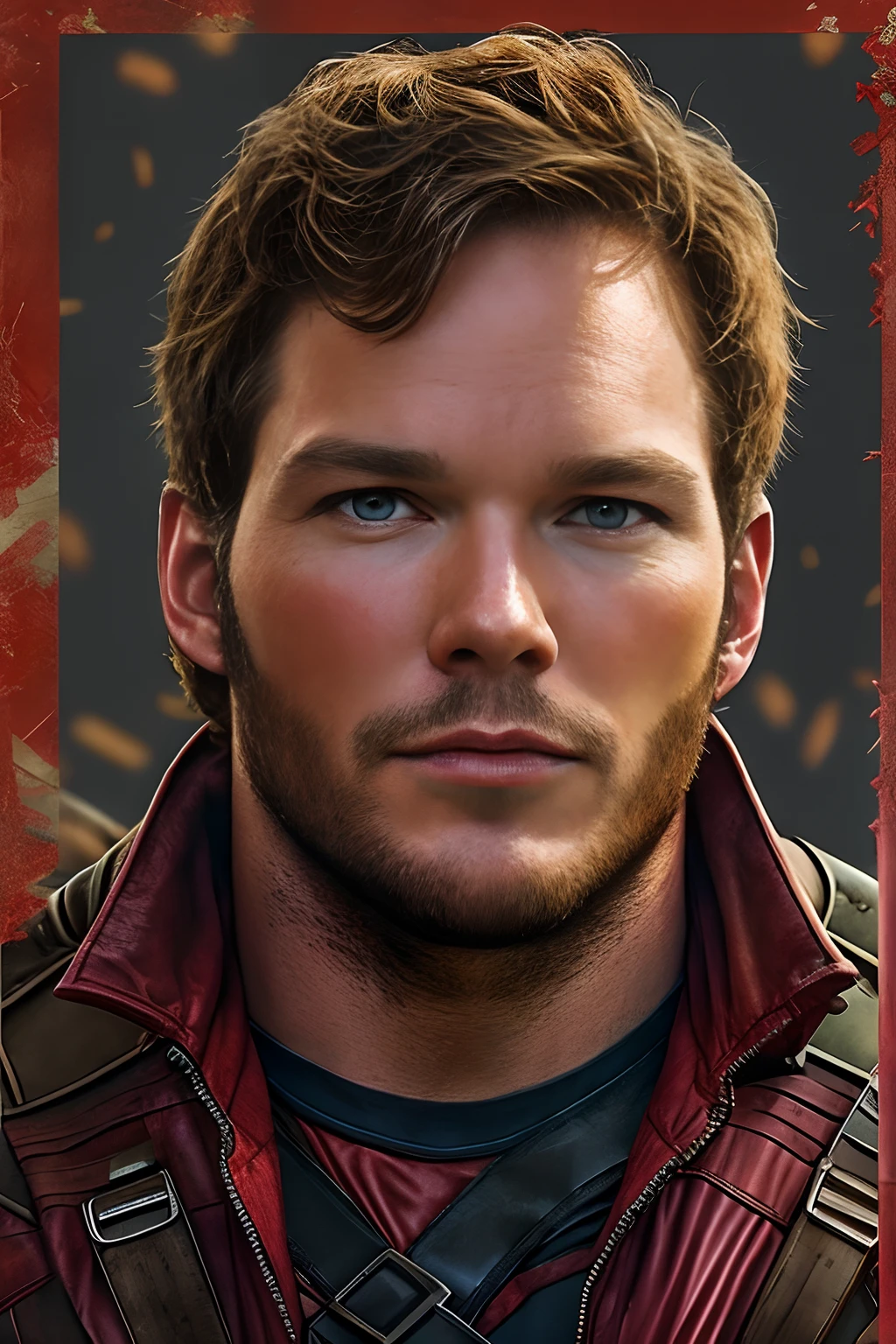 Marvel version of Star-Lord portrait，（（Hold a Sony tape recorder in hand：1.3）），（Chris Pratt:1.8）full-body portraits，Fighting posture，Vicious look，com rosto detalhado，Slightly vicissitudes，an award winning photograph，Bokeh，ultra-realistic realism，电影灯光，shadowing，high detal，high high quality，Award-Awarded，