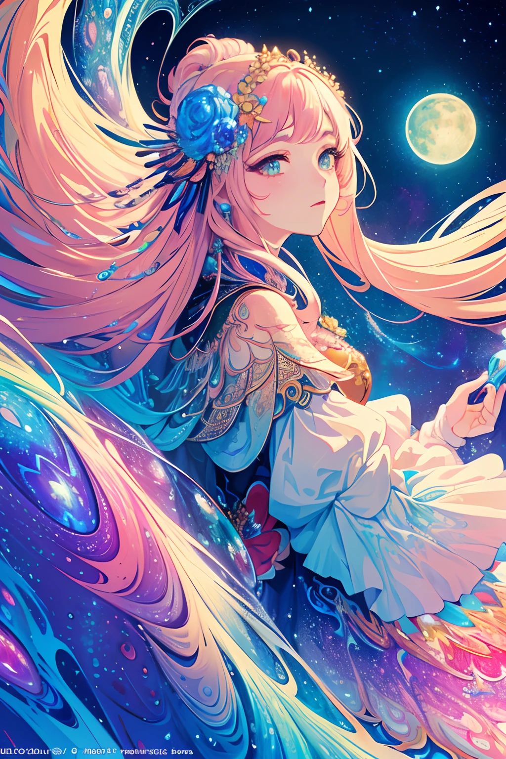 (masterpiece, top quality, best quality, official art, beautiful and aesthetic:1.2), (1girl), extreme detailed,(fractal art:1.3),colorful,highest detailed, pastel, luminous, glowing, pearlscence, iridiscent, sun, moon