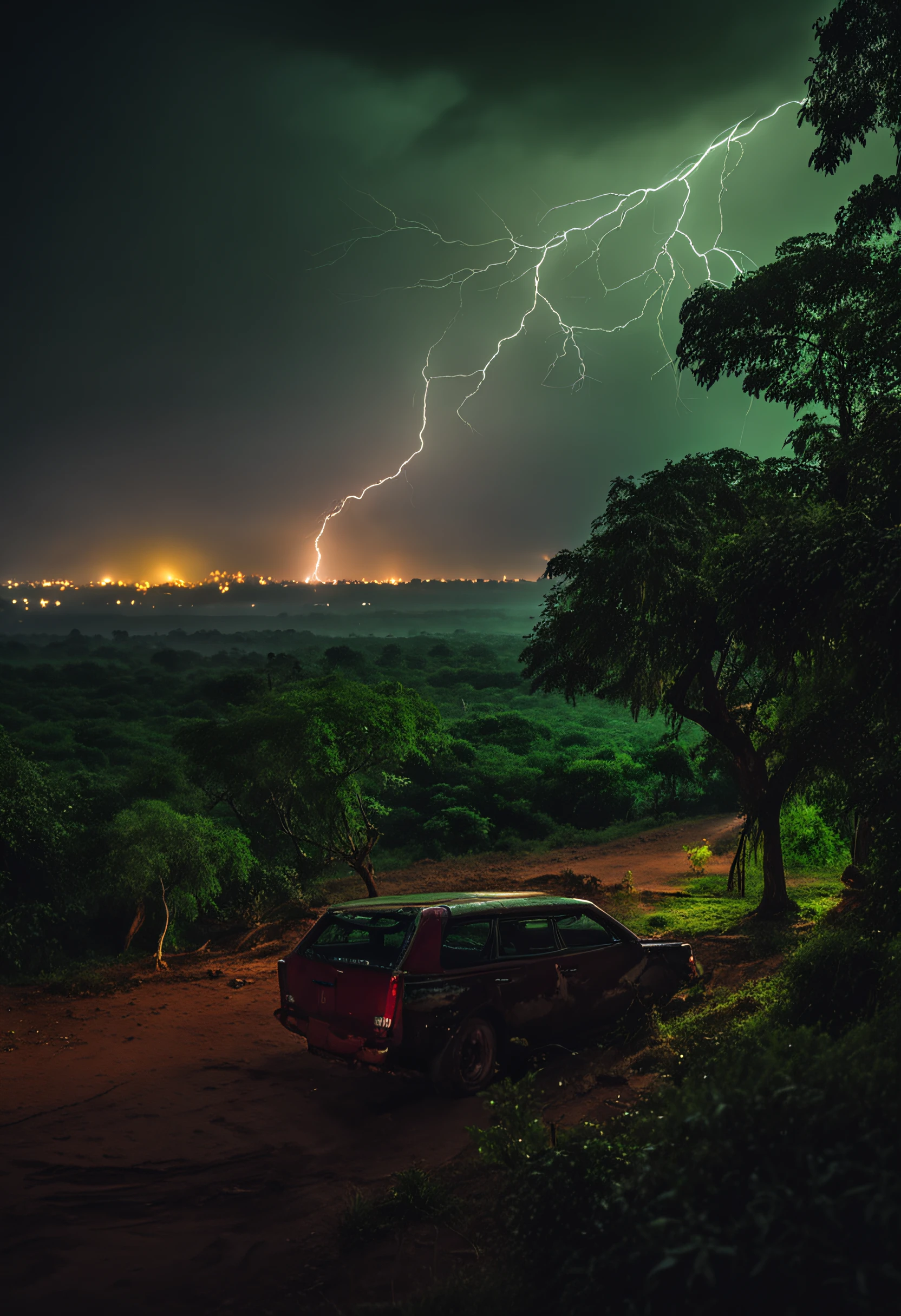 bagan night, rain, green thunder and lightning, dark, magical, cinematic