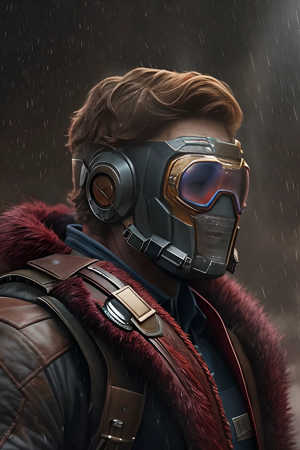 Marvel version of Star-Lord portrait,((Hold a Sony tape recorder in hand:1.3)),(Chris Pratt:1.8)full-body portraits,Fighting posture,Vicious look,com rosto detalhado,Slightly vicissitudes,an award winning photograph,Bokeh,ultra-realistic realism,电影灯光,shadowing,high detal,high high quality,Award-Awarded,