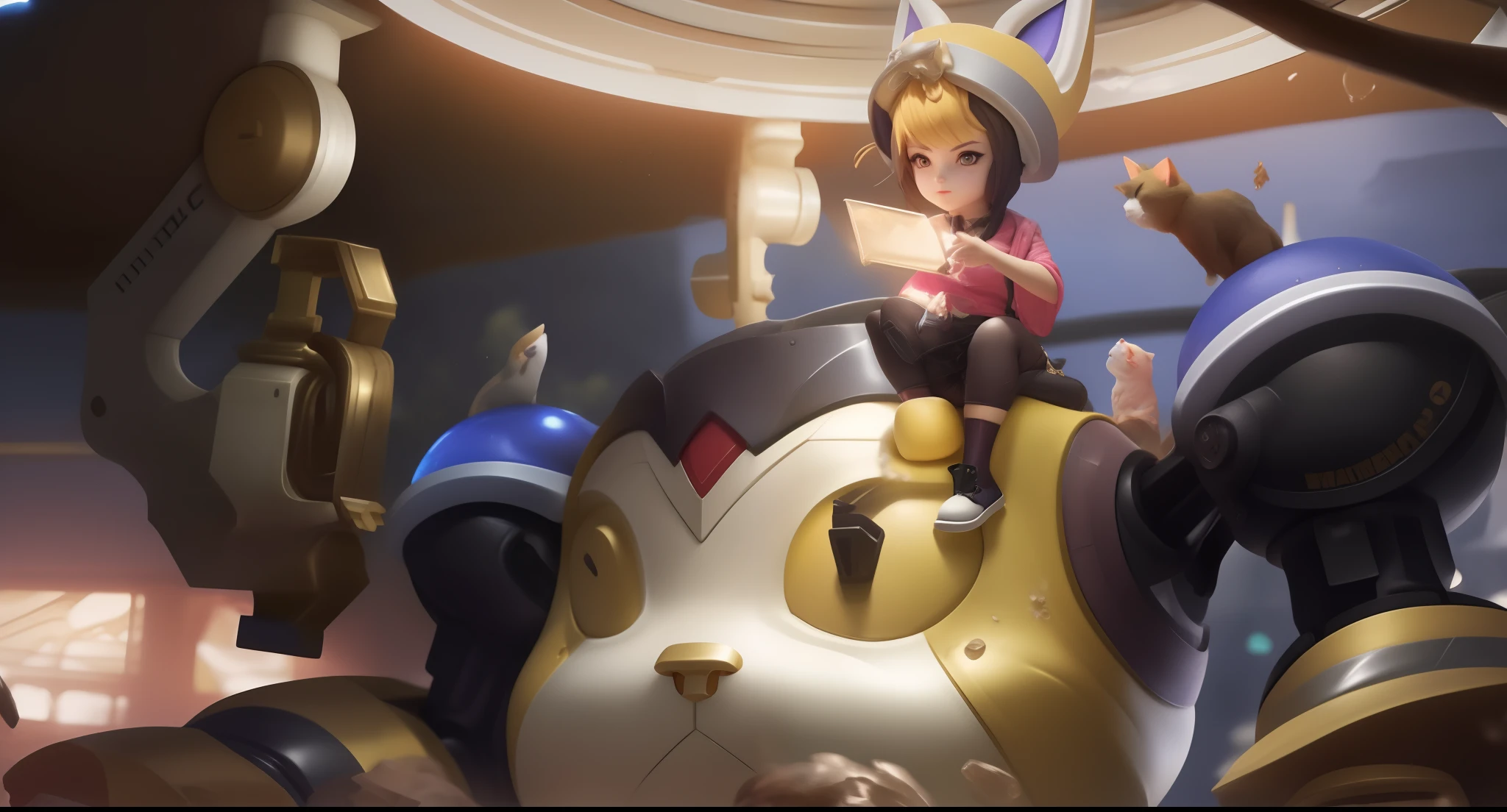 anime character sitting on a giant robot with a cat on top, Splash Art Oficial, League of Legends Arte Splash, iconic character splash art, Splashart de League of Legends, Arte Splash, Teemo, de League of Legends, Arte do personagem de League of Legends, arte de splash do personagem, Arte de League of Legends, Personagem de League of Legends, arte de salpicos de overwatch, KDA, ultra detalhista, 8k Full HD