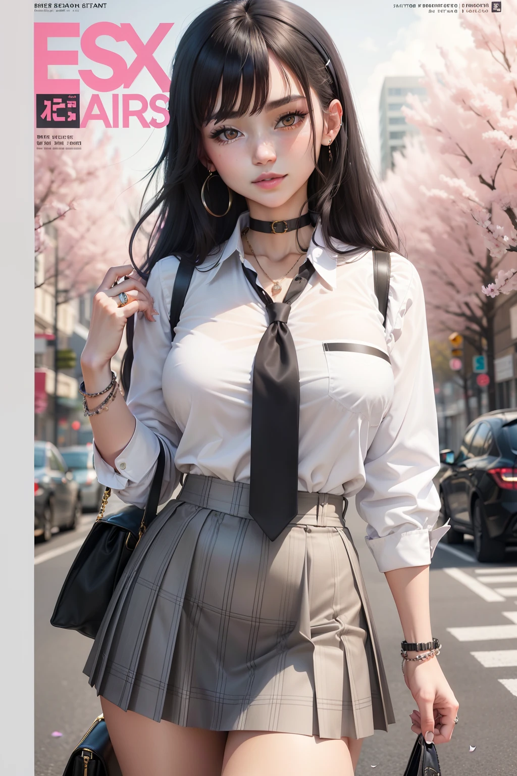 masterpiece, best quality, full body, 1girl, bangs, black choker, black necktie, black hair, blue skirt, blush, bracelet, breasts, choker, clothes around waist, collarbone, collared shirt, cowboy shot, dress shirt, ear piercing, eyebrows visible through hair, gradient hair, grin, gyaru, jewelry, kogal, long hair, looking at viewer, loose necktie, necktie, piercing, plaid, plaid skirt, pleated skirt, red eyes, ring, school uniform, shirt, skirt, smile, solo, white shirt, street, sky, cherry blossoms, petals,illustration, (magazine:1.3), (cover-style:1.3), fashionable, woman, vibrant, outfit, posing, front, colorful, dynamic, background, elements, confident, expression, holding, statement, accessory, majestic, coiled, around, touch, scene, text, cover, bold, attention-grabbing, title, stylish, font, catchy, headline, larger, striking, modern, trendy, focus, fashion,