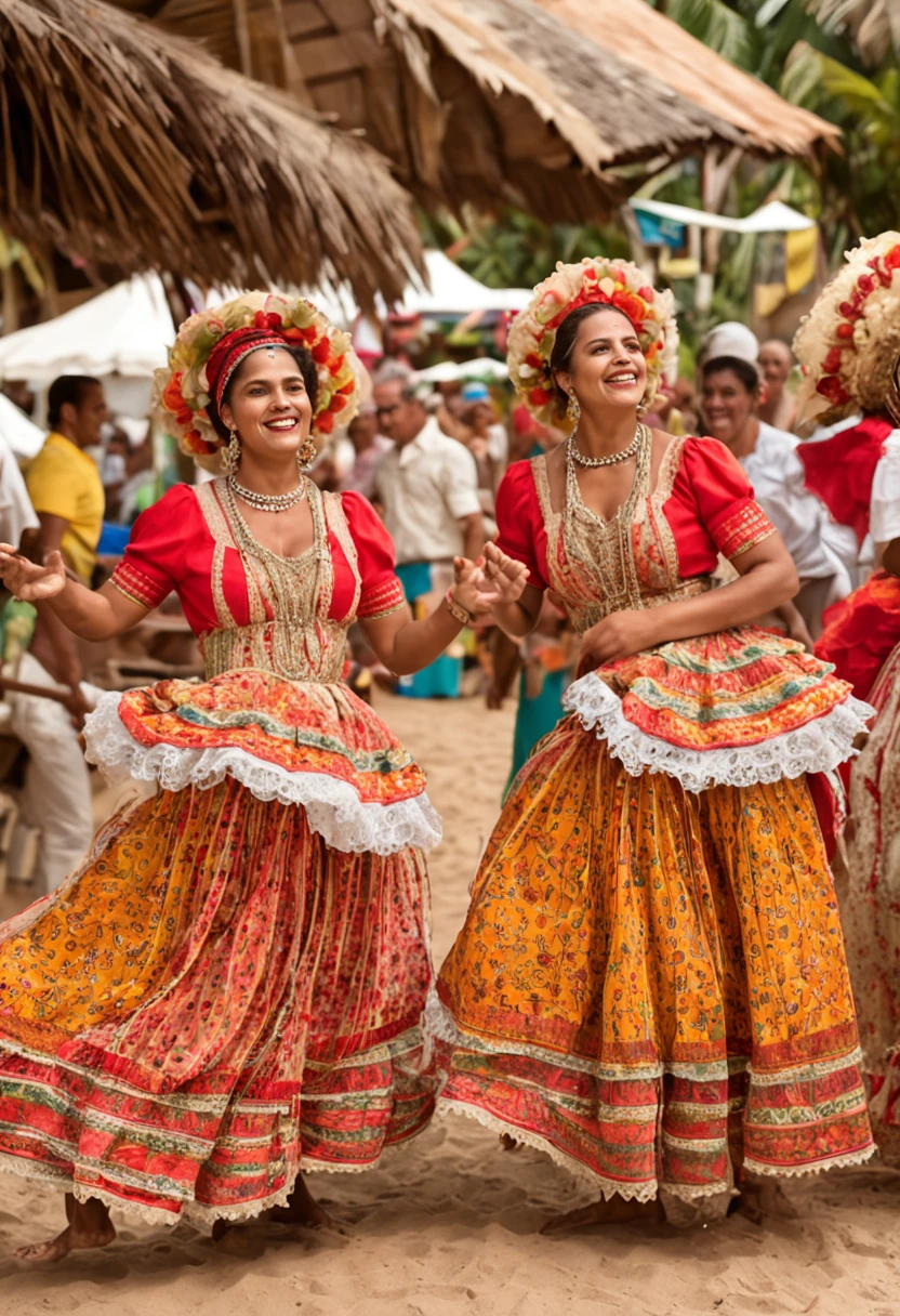 Generate a visual representation that captures the essence of the state of Sergipe, no nordeste do Brasil. Imagine a scene that celebrates the rich culture and history of the region. Visualize um mercado colorido e animado, repleto de barracas que exibem frutas tropicais vibrantes, Local handicrafts and typical dishes of Sergipe cuisine. No centro da cena, Highlight a group of dancers performing a forró performance, a traditional dance of the region. Ao fundo, pinte um panorama pitoresco que inclui a costa sergipana, with its tranquil beaches and stunning cliffs. The sun shines in the sky, illuminating the landscape and creating reflections in the calm waters of the sea. Incorpore elementos da arquitetura colonial, com casas coloridas e detalhadas, reminiscent of the historical cities of Sergipe. The image should convey the feeling of warmth, alegria, cultural diversity and connection with nature that defines the experience of Sergipe.