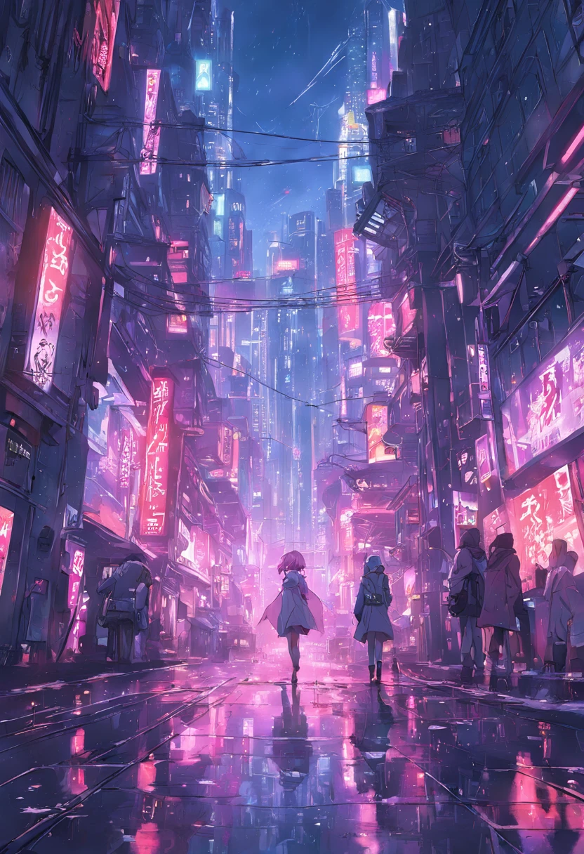 Cyberpunk, cyberpunk street scene, cityscape, dazzling cyberpunk skyscrapers, neon signs, LED lights, wet and rainy, bright and vivid color scheme, anime, illustration, intricate details, ultra detailed, cinematic lighting, dark shadows, tokyo, hong kong.