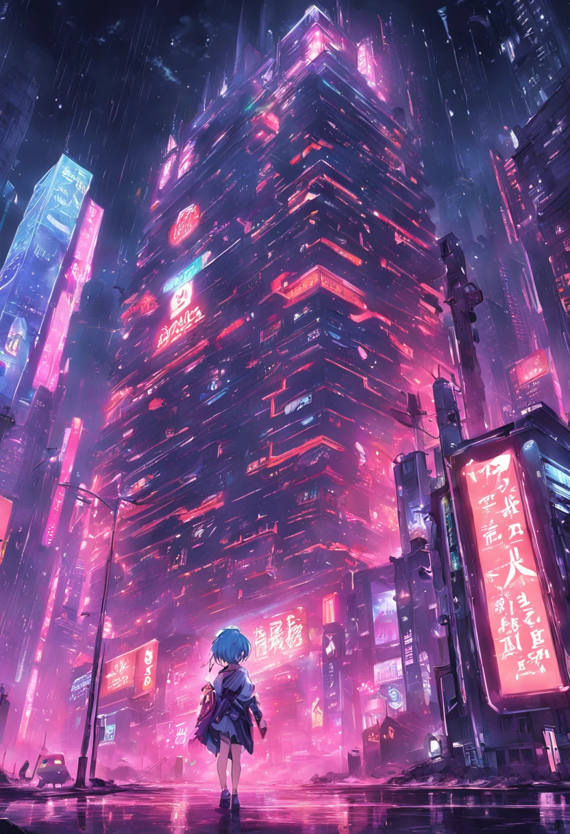 Cyberpunk, cyberpunk street scene, cityscape, dazzling cyberpunk skyscrapers, neon signs, LED lights, wet and rainy, bright and vivid color scheme, anime, illustration, intricate details, ultra detailed, cinematic lighting, dark shadows, tokyo, hong kong.