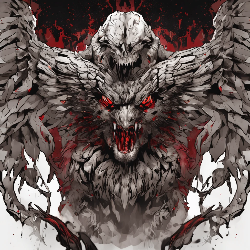 Cinematic image effects，对称，Chinese mythology and stories，Journey，The demon king of the golden-winged eagle，head of an eagle，closeup cleavage，Open your mouth，tosen，Surrounded by bloody skulls，Fierce eyes，Blood，A mouth full of blood，Dripping blood，Puffing，Super huge wings，Thick feathers，feater，Super close，Sharp focus，best qualtiy，of a real，Facial features are carefully depicted，Realistic skin texture，Dark style，depth of fields，high light，Real light，Ray traching，oc rendered，Hyper-realistic，best qualtiy，8K，Works of masters，super-fine，Detailed pubic hair，Correct anatomy，sharp focus on eyes，Bokeh，Facial features are carefully depicted