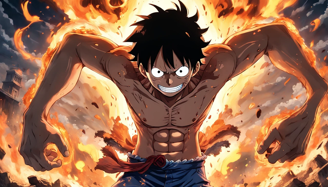 Design a gripping poster，Features Luffy as the protagonist "One Piece" In the heat of the moment. Capture the essence of his burning determination and indomitable spirit，For he unleashed his anger on his enemies. Keep it short, Bold, And strongly convey the raw power of Luffy's anger., hypnotic, androgyne, gadgetpunk, Face shot, Cinema4D rendering, Depth of field, tapestry, black in color, classical realism, Glow in the dark light, Ultra photo realsisim, Dramatic shadows, film noir style, 4K