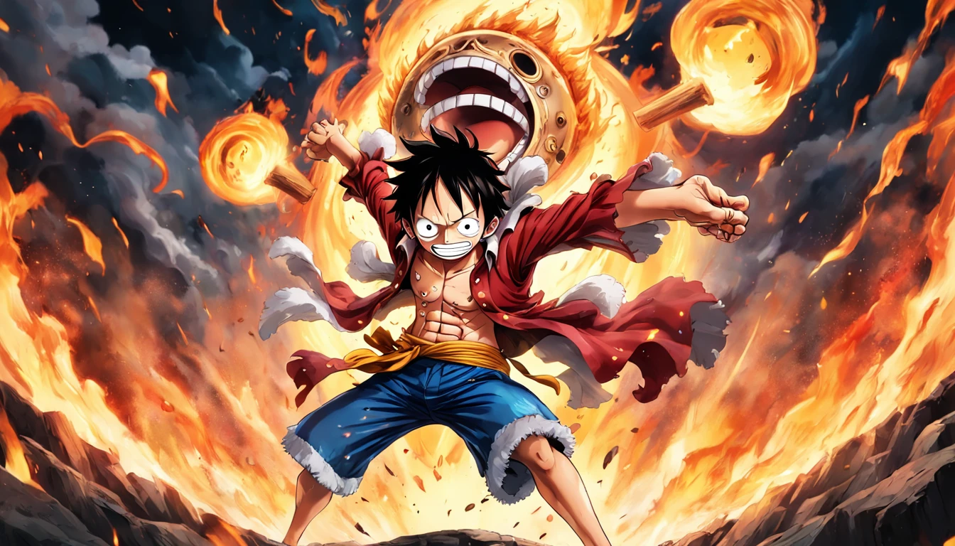 Design a gripping poster，Features Luffy as the protagonist "One Piece" In the heat of the moment. Capture the essence of his burning determination and indomitable spirit，For he unleashed his anger on his enemies. Keep it short, Bold, And strongly convey the raw power of Luffy's anger., hypnotic, androgyne, gadgetpunk, Face shot, Cinema4D rendering, Depth of field, tapestry, black in color, classical realism, Glow in the dark light, Ultra photo realsisim, Dramatic shadows, film noir style, 4K