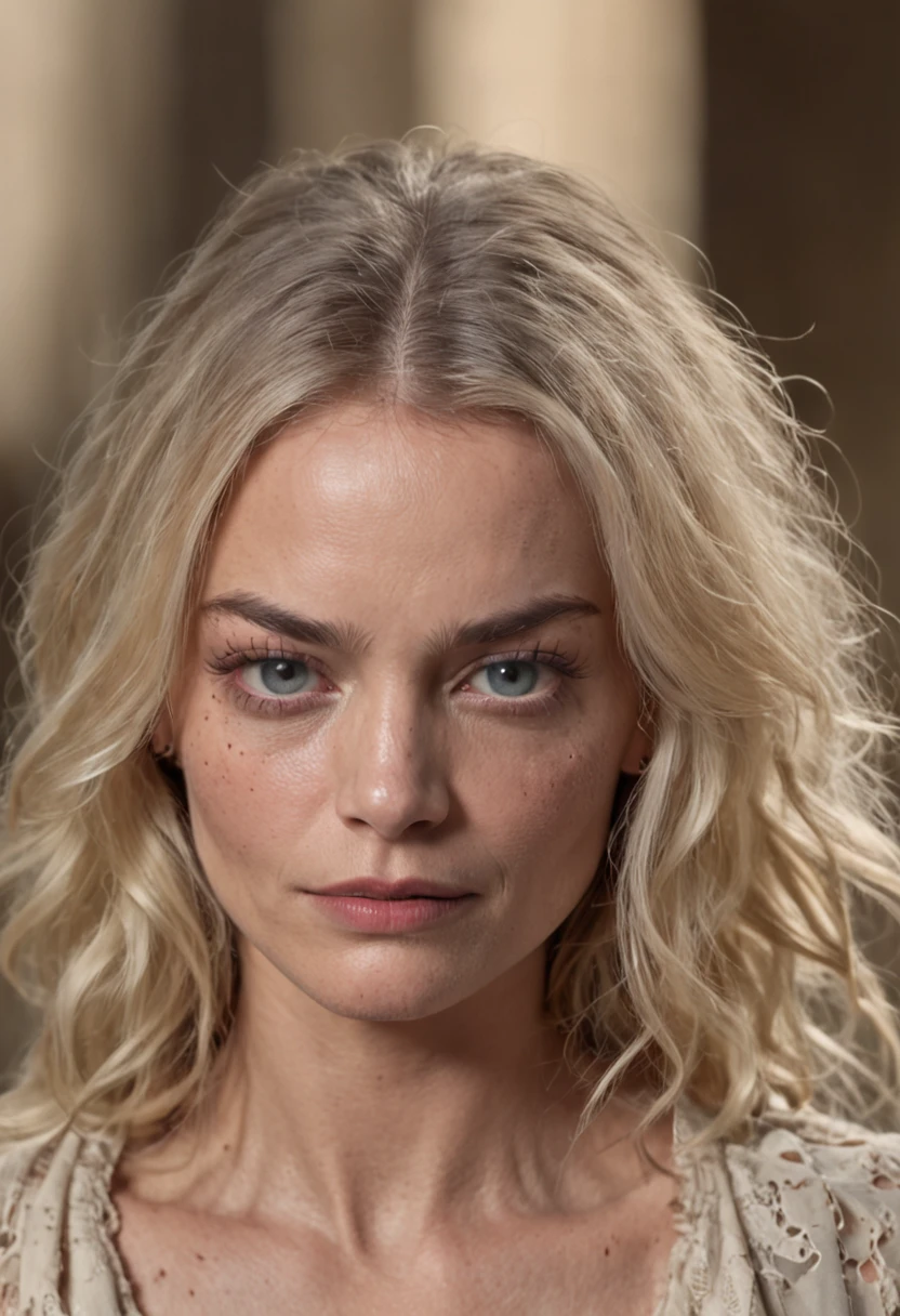 (full bodyesbian) Middle-aged home Margot Robbie;. Drina was draped in tattered clothes,Seems to blend seamlessly with its surroundings。. Her hair was unkempt and tangled, Her skin was covered with dirt and grime. Her eyes, Sin embargo, Flashing with disturbing wisdom. (Frank Frasertta) (Masterpiece)
