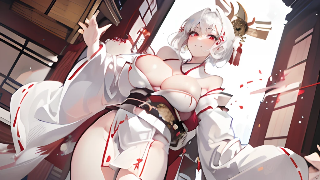 (1 milf:1.4),((A MILF))、
White hair、Red Eyes、Shorthair、A smile
(Colossal tits) ,
(Semi-undressed white kimono:1.6),
(Dynamic Angle:1.6),
(A Japanese style:1.2),
masutepiece, Best Quality, 
(Anatomy:1.5)