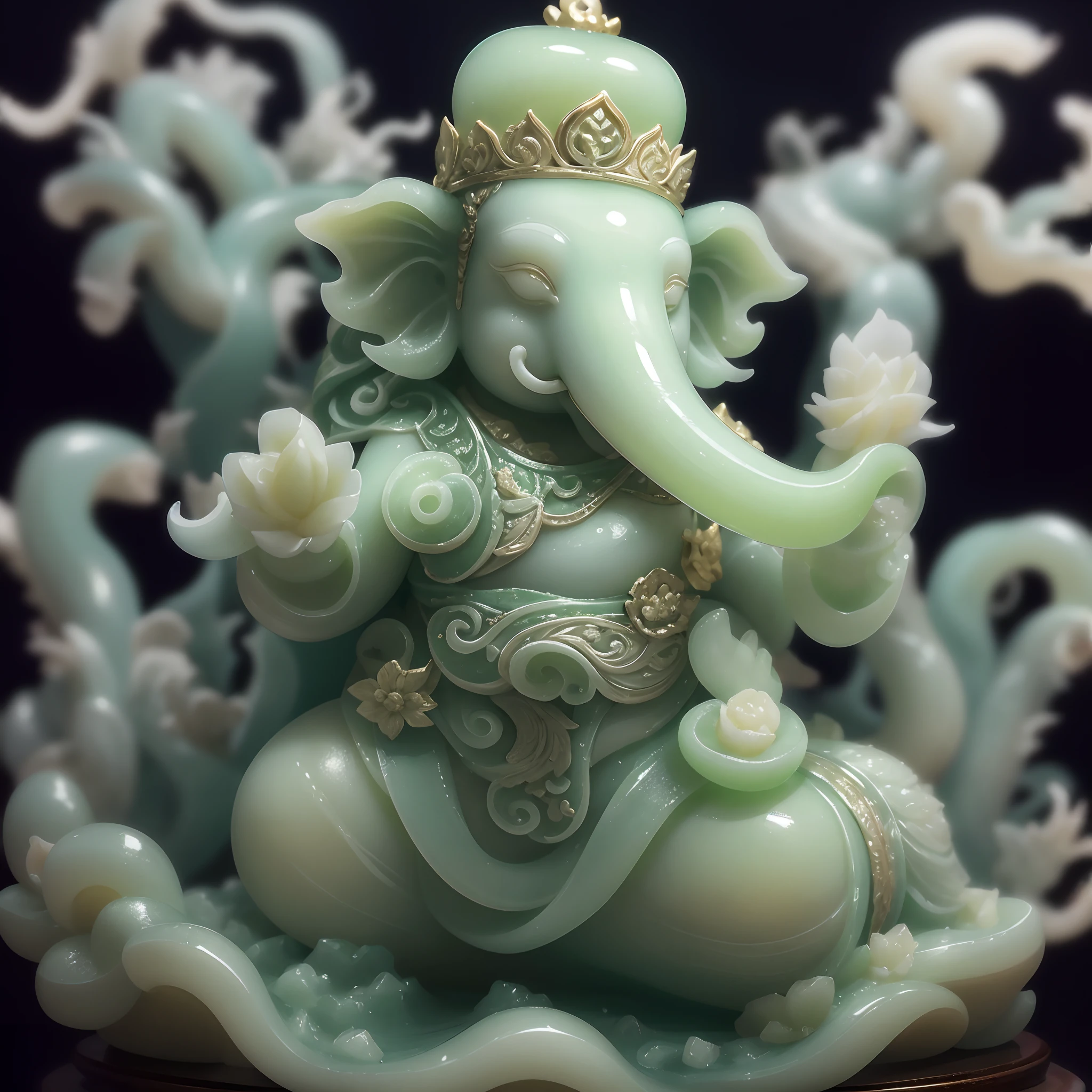 with black background，jade sculpture，semi transparent，artwork of a，Light，cleanness，Glow effects，White Jade Elephant King，white jade，full bodyesbian，对称，Long, Thick nose，long fangs，Auspicious clouds，Macro lens，dynamic viewing angle，best qualtiy，8K分辨率，tmasterpiece，Works of masters，Overhead light