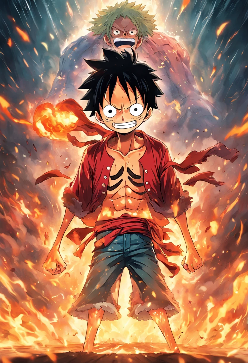 Design amazing posters，Features the fifth gear Luffy as the protagonist "One Piece" In the heat of the moment. Capture the essence of his burning determination and indomitable spirit，For he unleashed his anger on his enemies. Keep it short, Bold, And strongly convey the raw power of Luffy's anger.