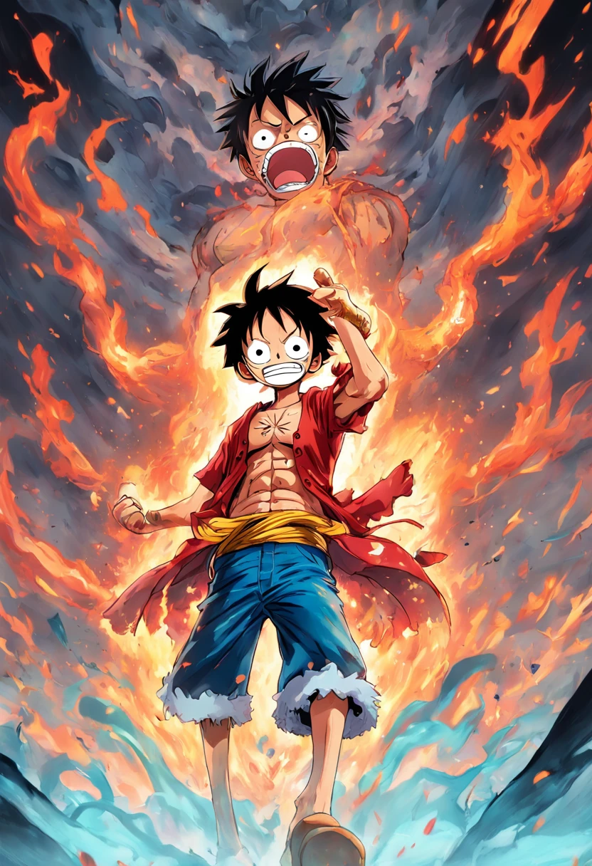 Design a gripping poster，Features Luffy as the protagonist "One Piece" In the heat of the moment. Capture the essence of his burning determination and indomitable spirit，For he unleashed his anger on his enemies. Keep it short, Bold, And strongly convey the raw power of Luffy's anger.