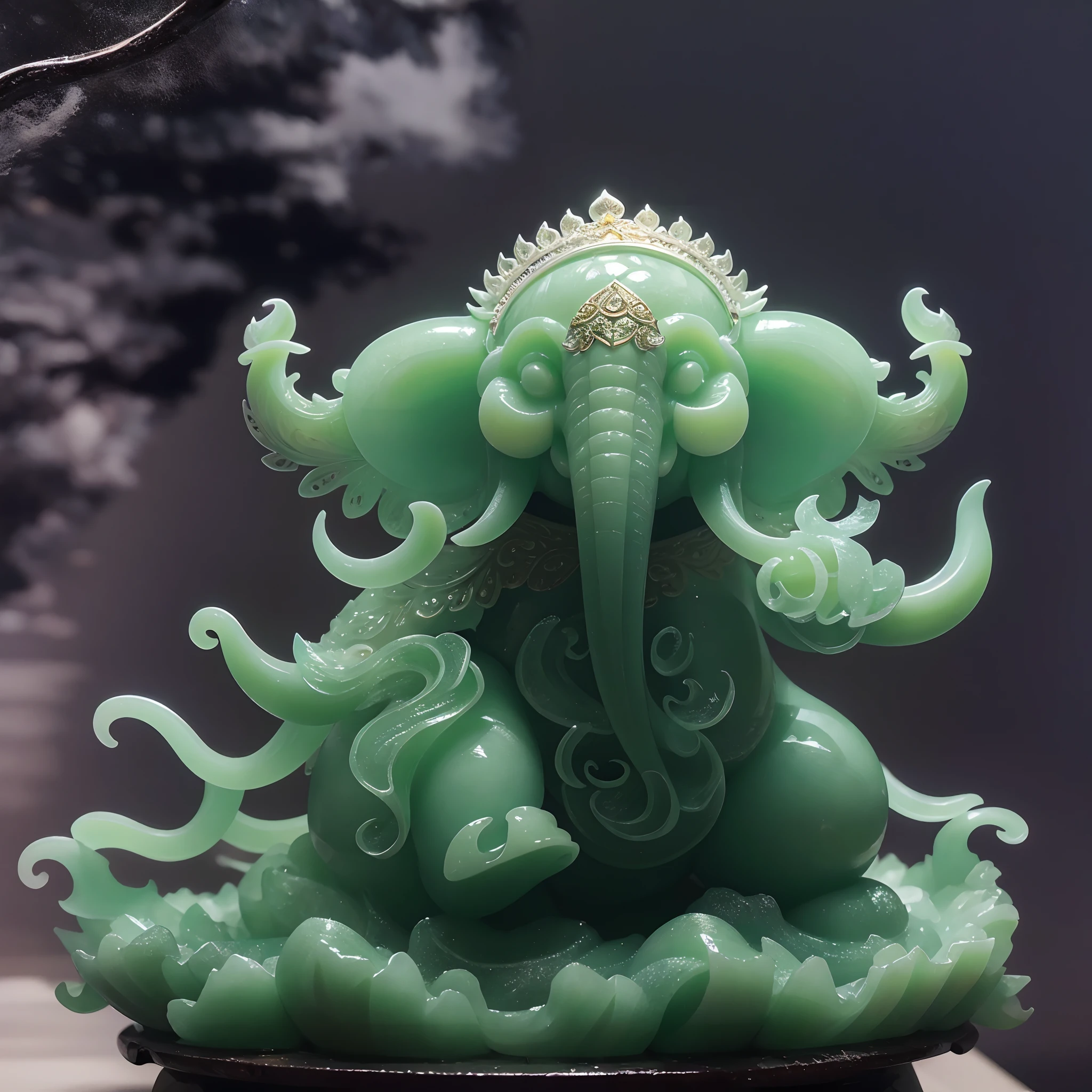 with black background，jade sculpture，semi transparent，artwork of a，Light，cleanness，Glow effects，White Jade Elephant King，white jade，full bodyesbian，对称，Long, Thick nose，long fangs，Auspicious clouds，Macro lens，dynamic viewing angle，best qualtiy，8K分辨率，tmasterpiece，Works of masters，Overhead light